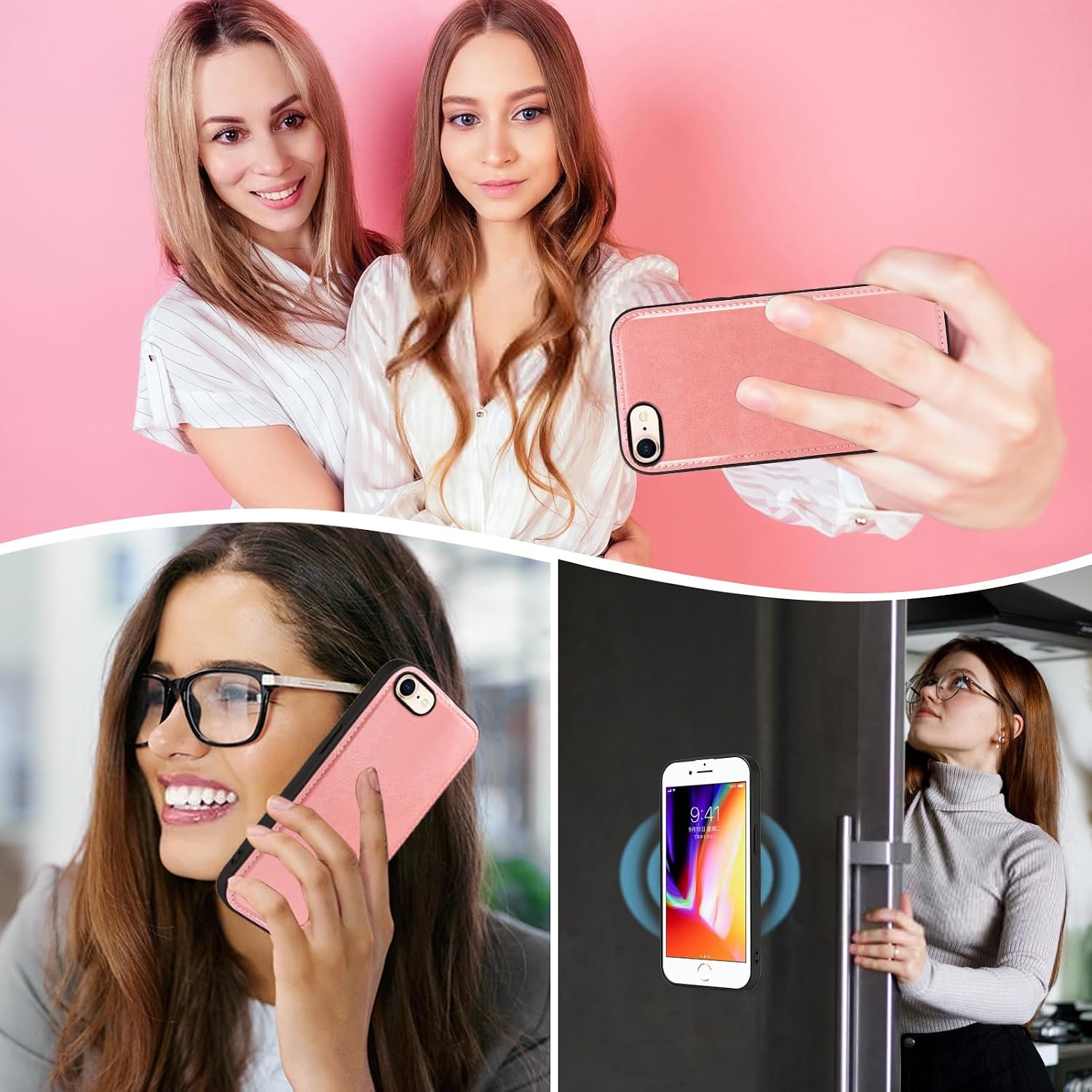 Phone Case for iPhone 7/8/SE 2020/2022 Zipper Wallet Cell Cover with Screen Protector Strap Card Holder iPhone7 iPhone8 7s 8s i SE2020 SE2022 2/2nd/3/3rd Generation SE2 SE3 7SE 8SE Women Rose Gold