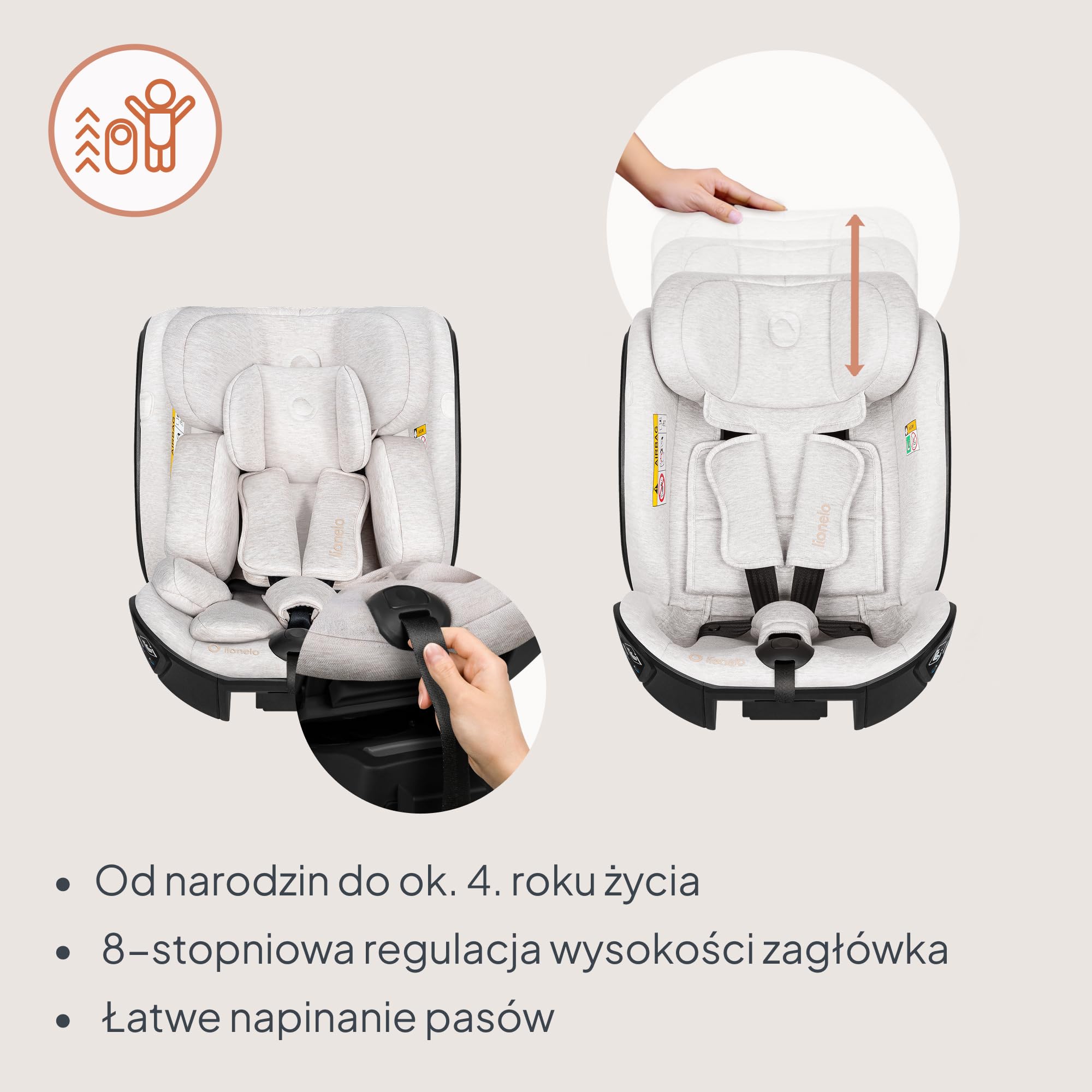 Lionelo Moxie Next i-Size fotelik samochodowy dla dzieci około 0-4 lat 40-105 cm 0-18 kg SIP ochrona boczna, regulacja zagłówka i oparcia, instalacja tylko do przodu i do tyłu z podstawą Moxie Next