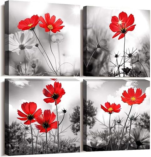 Arte de pared de 4 paneles con tema moderno de salón en blanco y negro, la flor roja, pintura abstracta, lienzo de naturaleza muerta, arte de pared