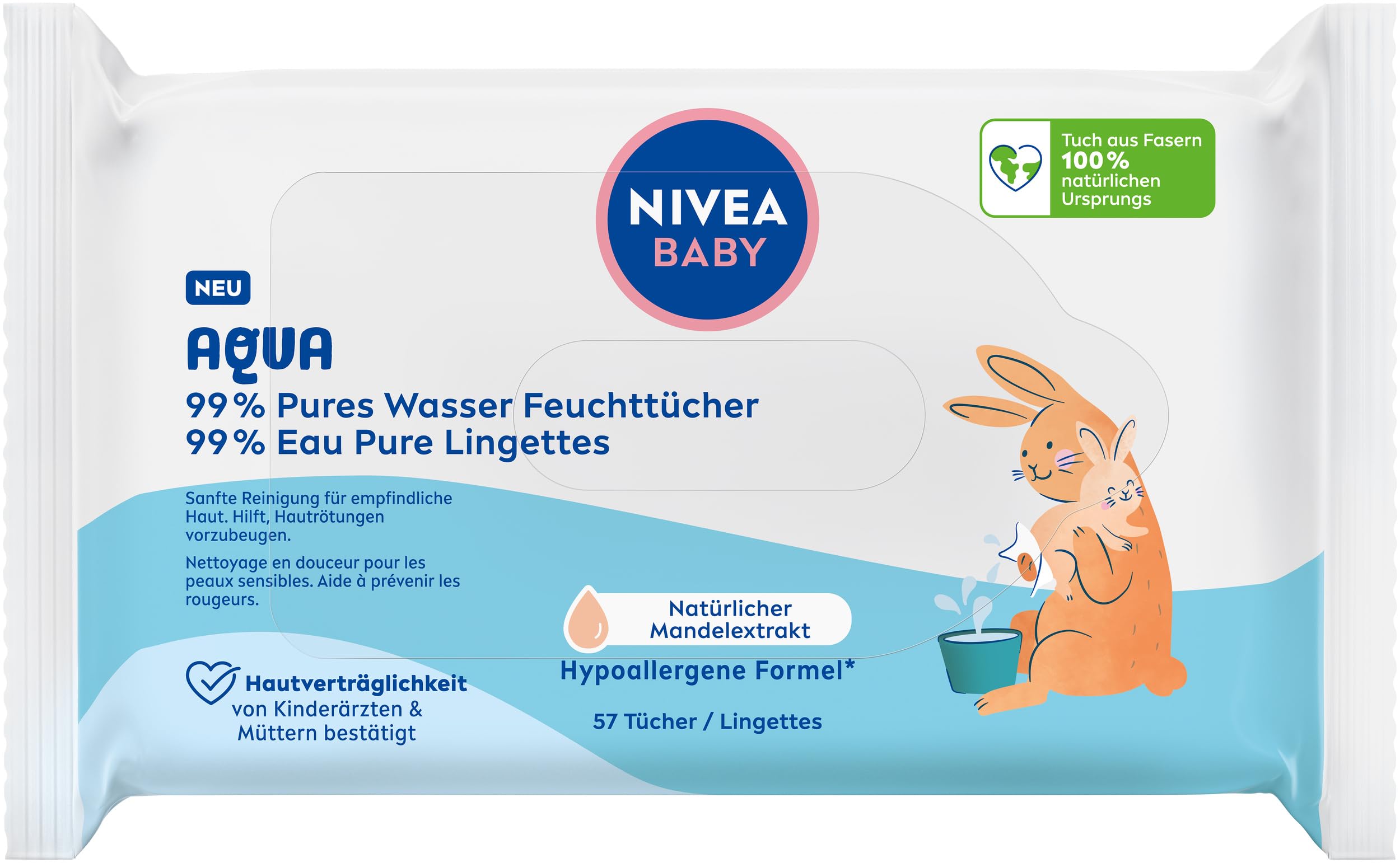 NIVEA Baby Aqua Wet Wipes, Baby Wipes for Gentle Cleaning of Sensitive Skin, Hypoallergenic and Fragrance-Free Wet Wipes for Babies with 99% Water (Pack of 57)
