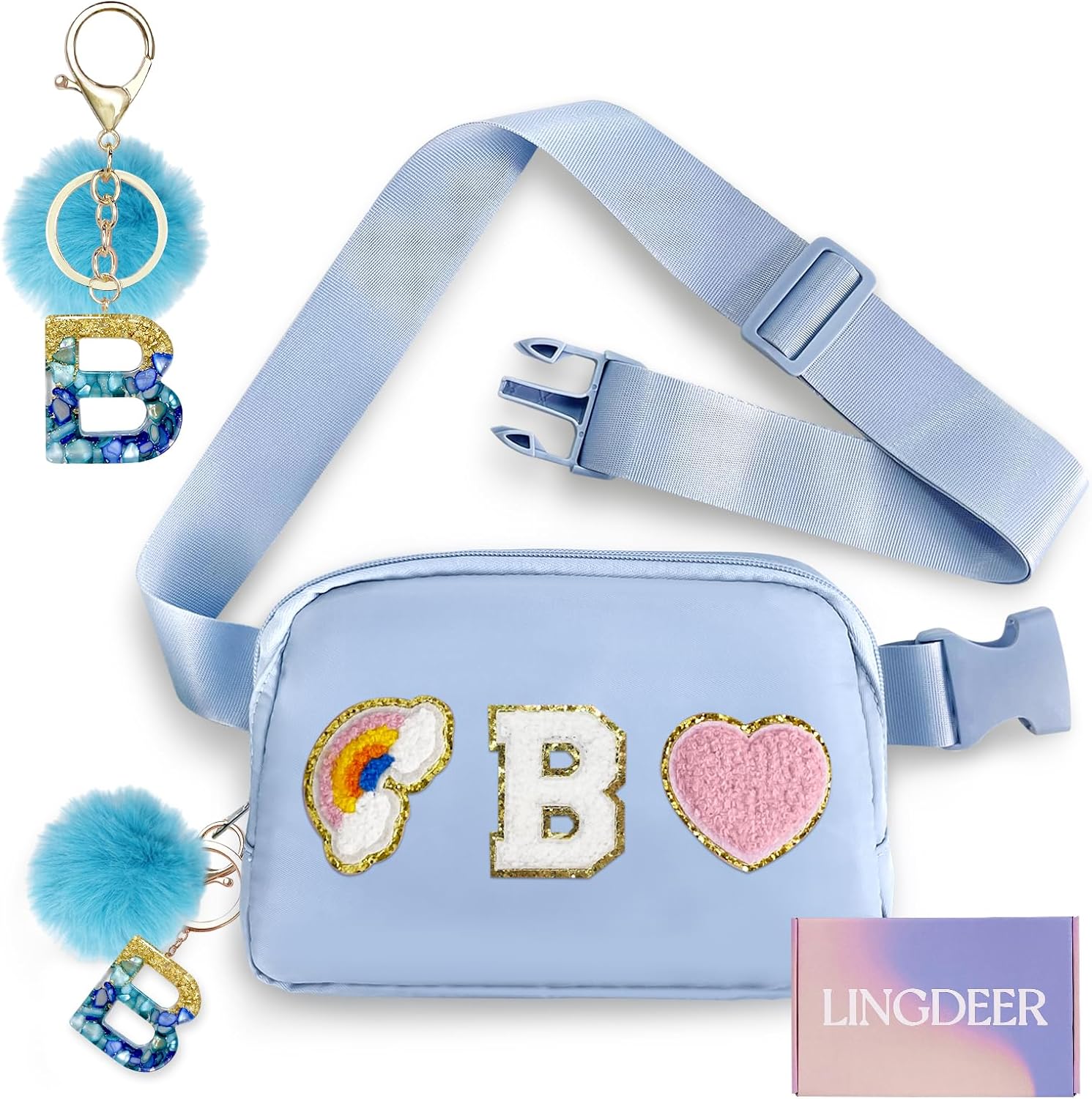 Personalized Belt Bag with Keychain, Fanny Pack for Girls Women, Initial Birthday Gifts for Teen Girls Mom, Crossbody Bag, Small Waist Packs, Travel Essential Preppy Gifts (Blue B)