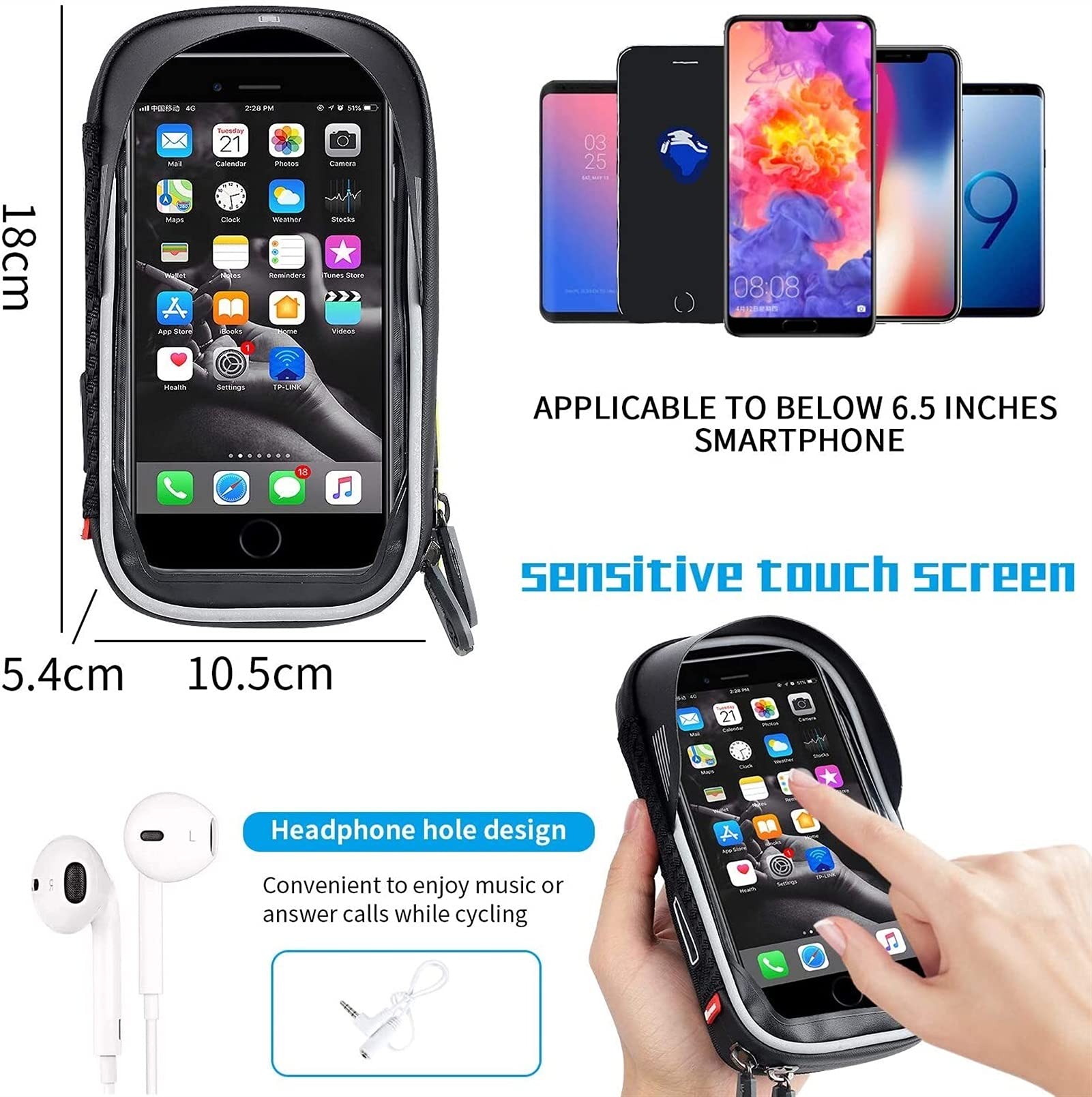 Borse per Biciclette. Borsa Porta Cellulare for Bicicletta, Borsa Riflettente con Touch Screen, da Manubrio