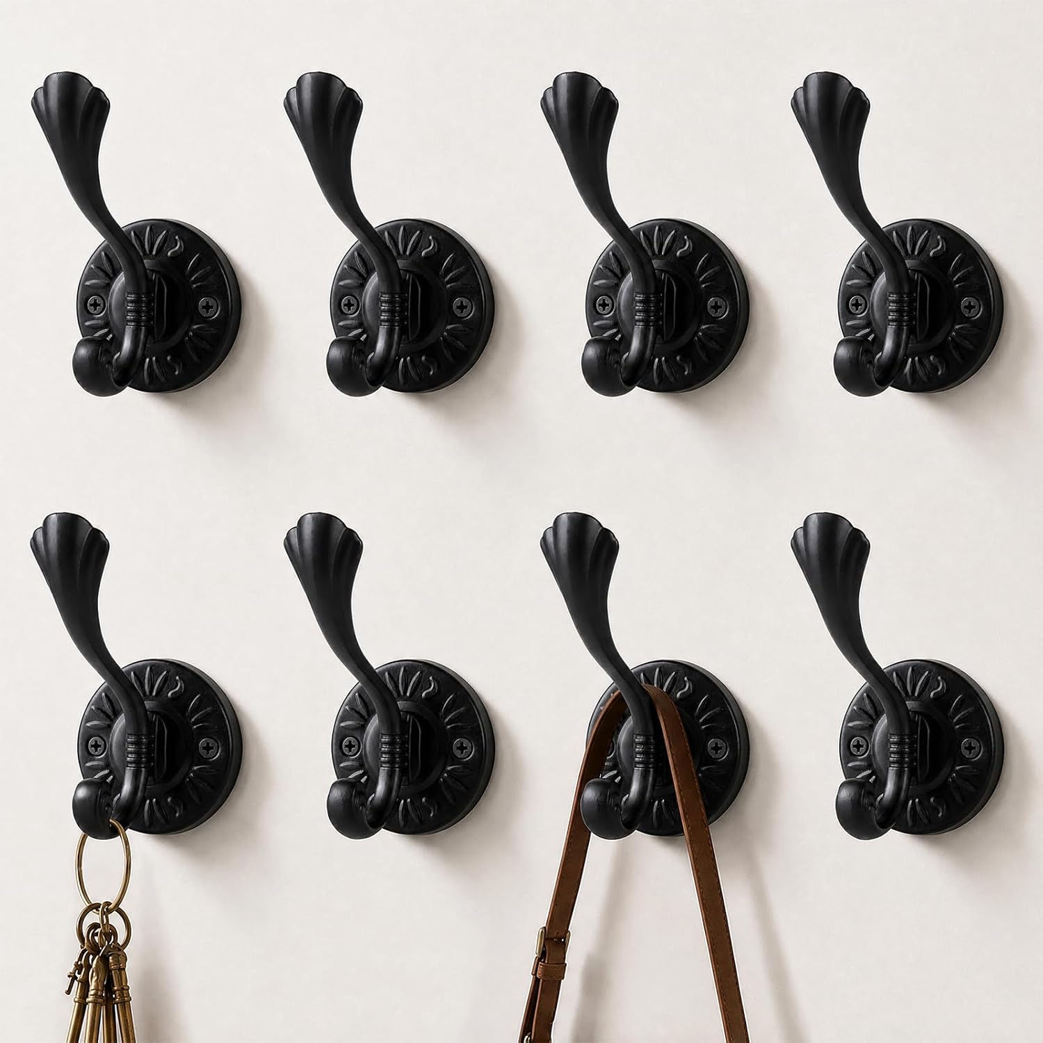 Coat Rack Wall Mount, Vintage Double Hanger Hooks, 8Pcs Black Carved Decorative Hooks, Premium Zinc Alloy Hook for Towels, Bags, Hats, Cups & Keys, Ideal for Entryway, Bedroom, Bathroom, Kitchen