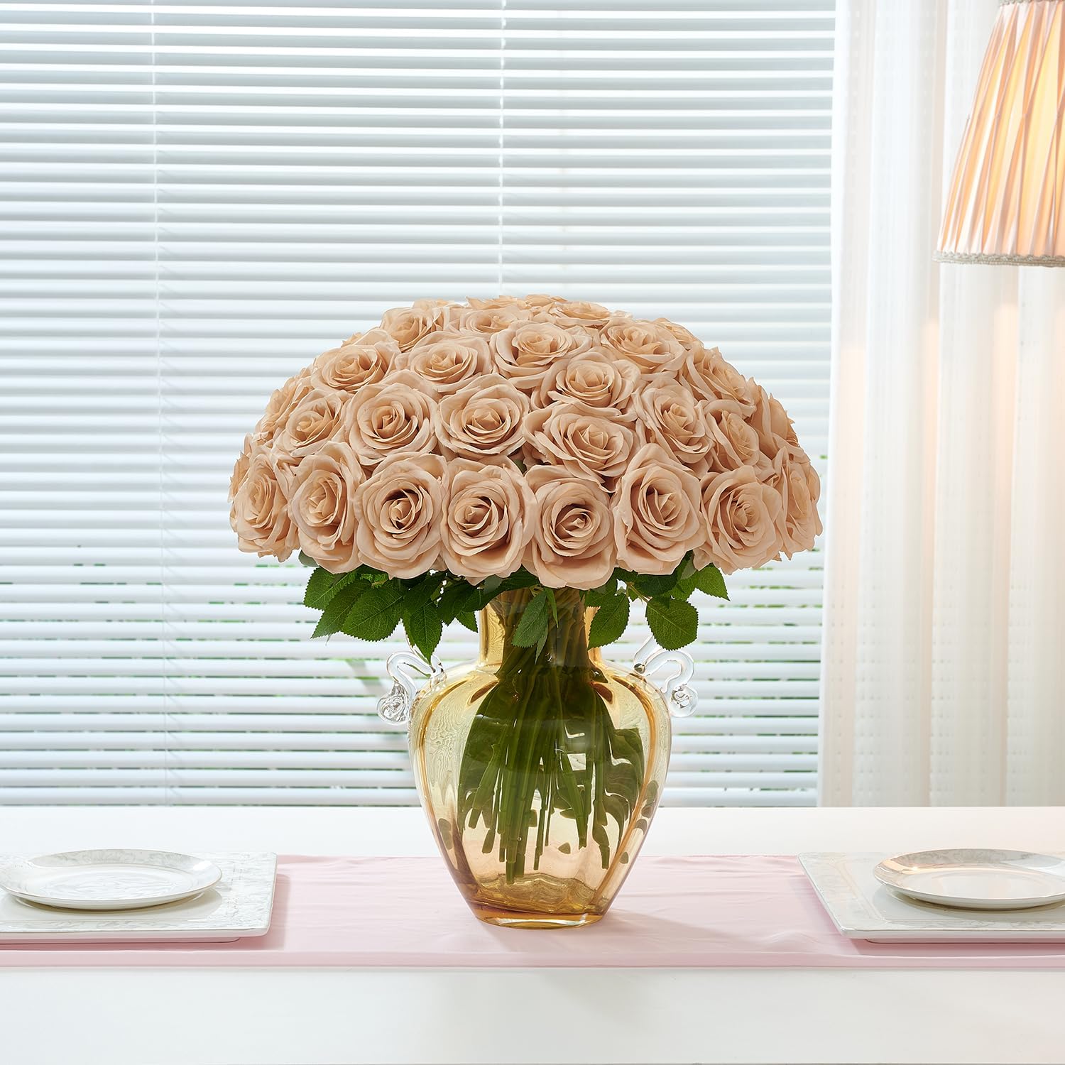 50pcs Beige Roses Artificial Flowers Bulk Fake Roses Silk Flower with Stems Realistic Flowers for Wedding Centerpiece Party Birthday Decor - Image 2