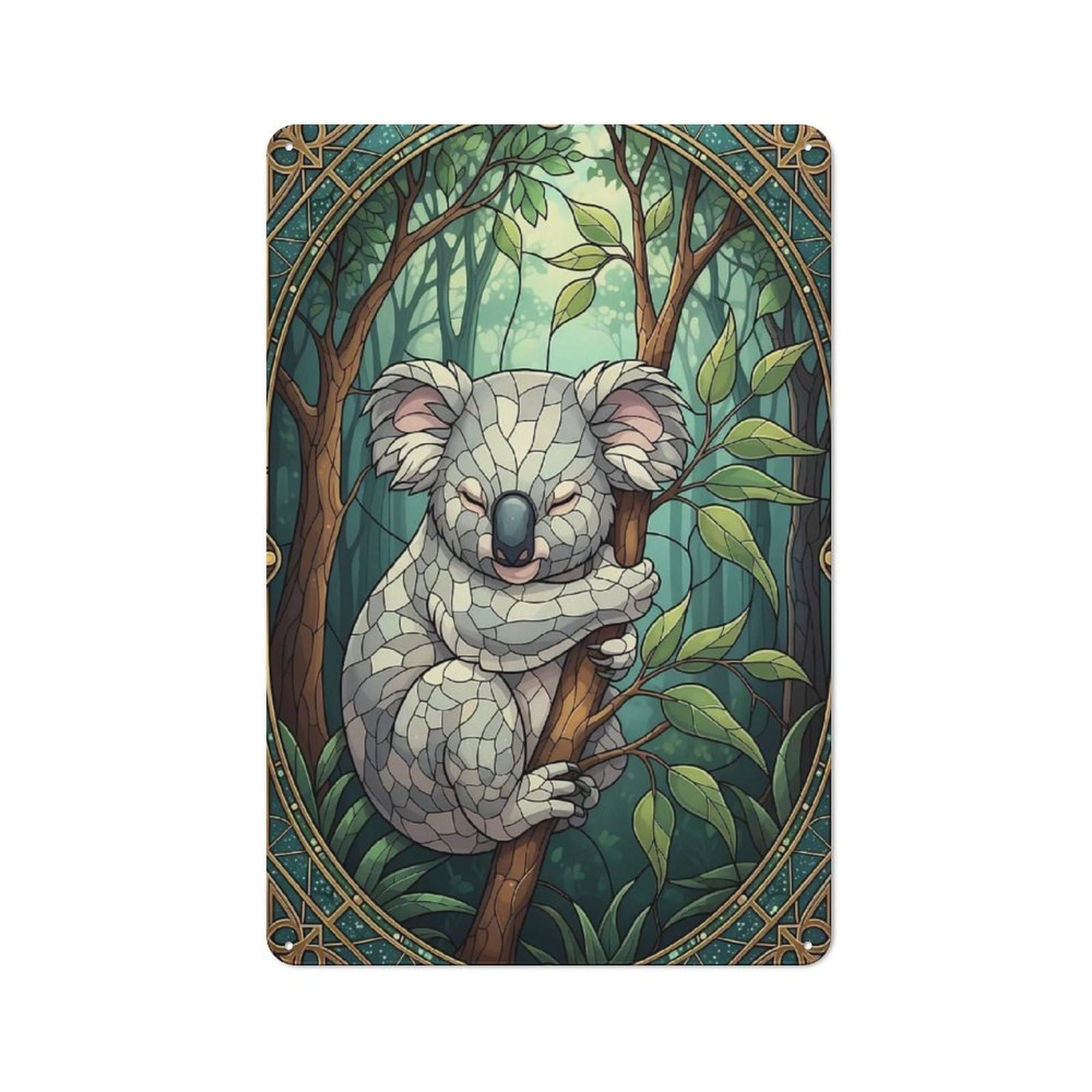 Junmoney Style-6 Retro Metal Wall Sign 30X20cm With Koala In Stained Glass Style For Hallway Wall, Suited To Hallway Decor Lovers
