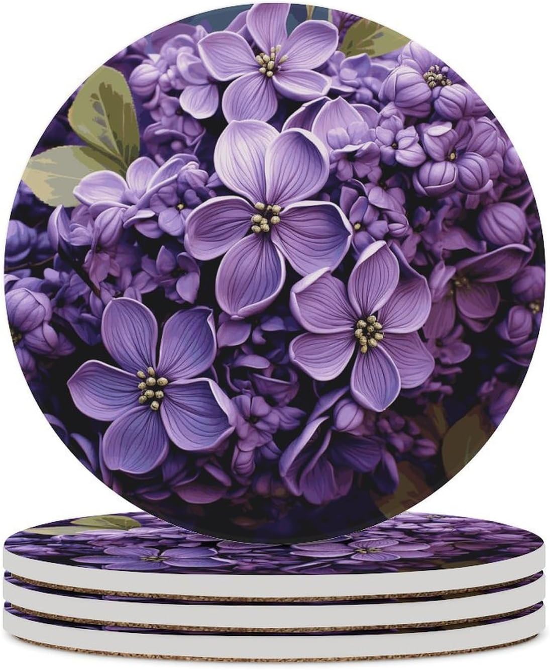Purple Floral Coasters Round Coasters Set Ceramic Stone Coaster with Cork Base Coffee Cup Beverage Cup Mat Cute Funny Table Drinks Coaster for Mugs and Cups Office Kitchen