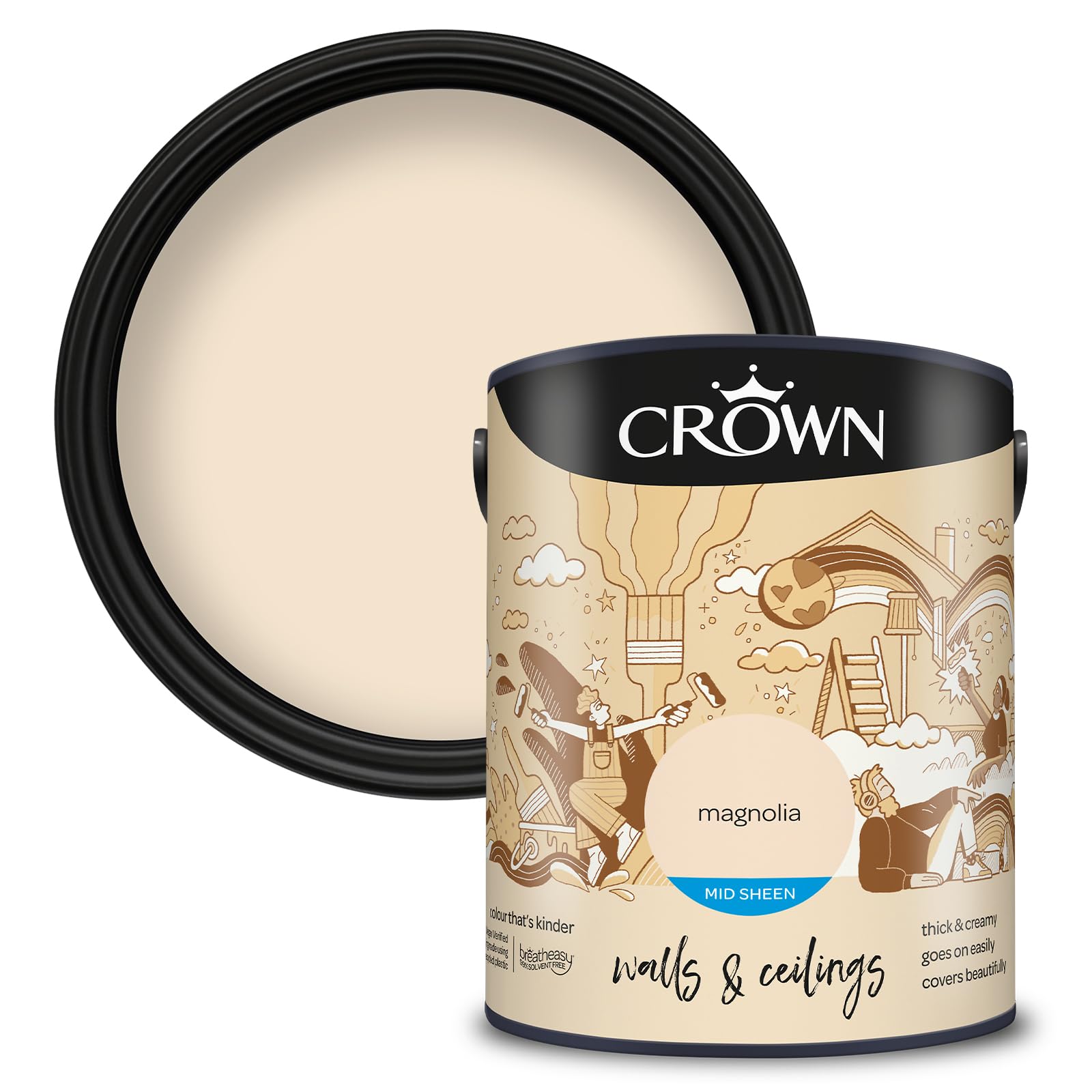 Crown Magnolia - Mid Sheen Emulsion Paint for Walls and Ceilings - Wipeable - Classic Magnolia Finish - Hallway and Family Room - Water Based, Quick Dry, Low Odour Paint - 5L