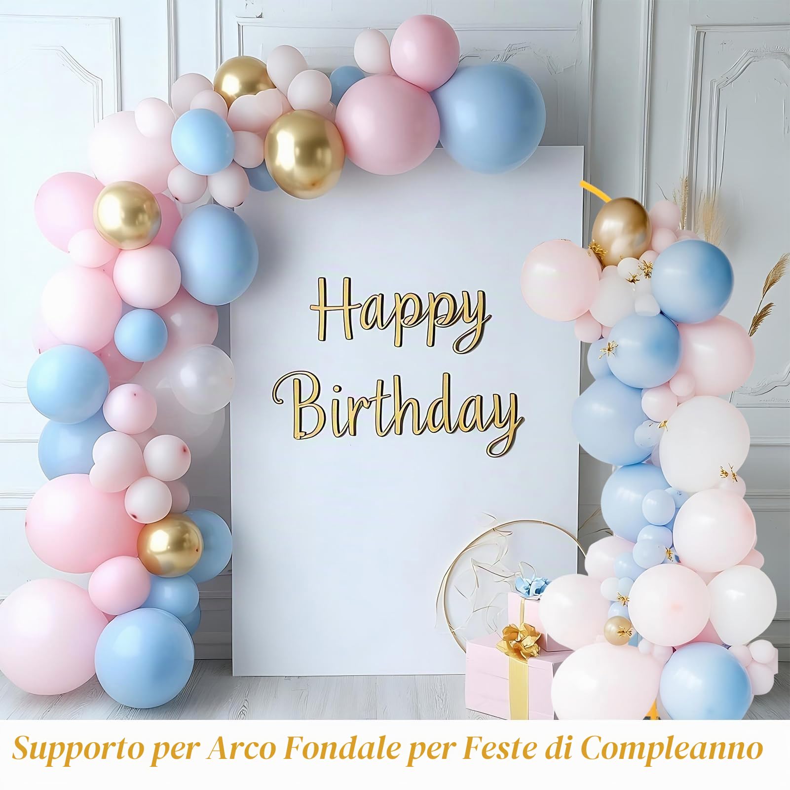 Supporto per arco di palloncini in metallo, set di supporto per sfondo per matrimonio, semicircolare dorato, adatto per compleanni, matrimoni, battesimi e tutti i tipi di celebrazioni (190 cm e 230 cm