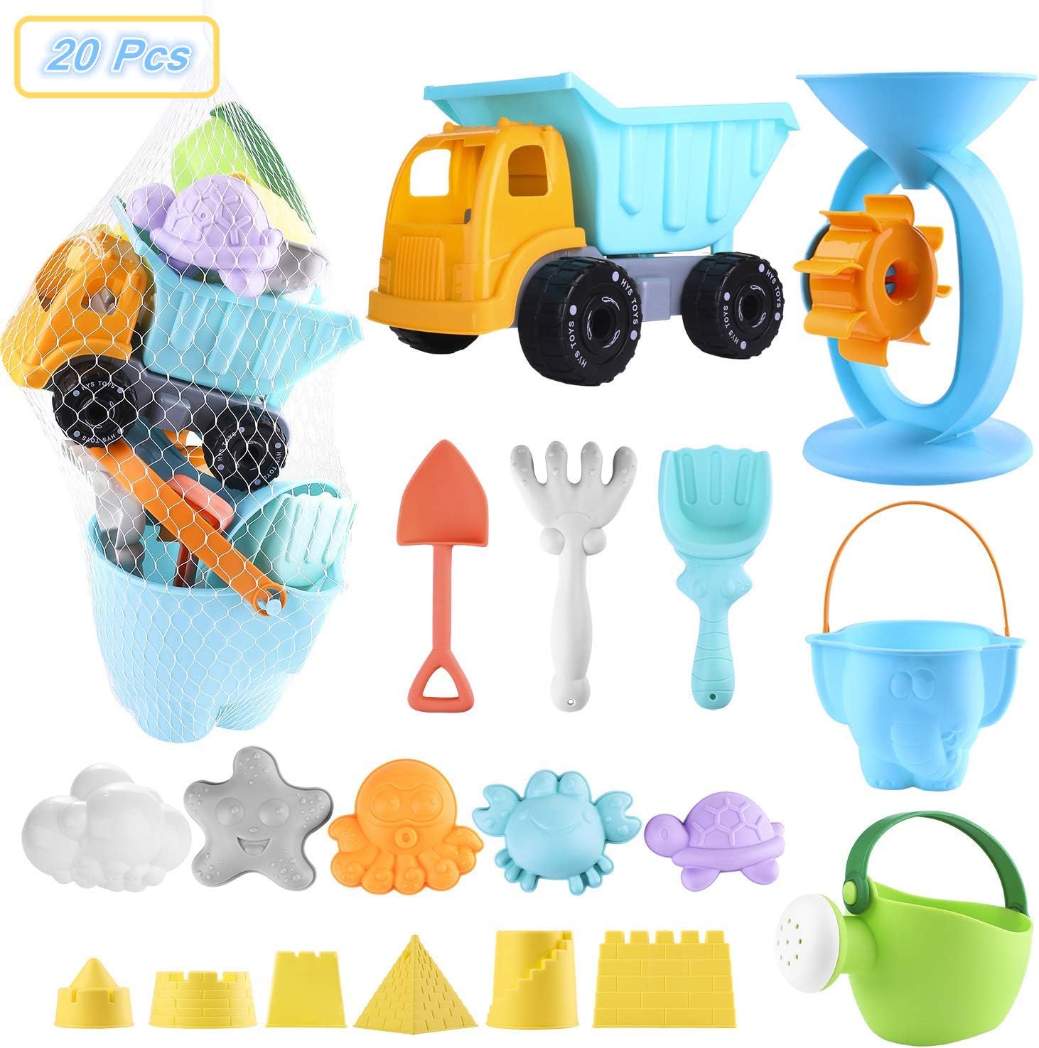 ARANEE Beach Toys Set for Kids 20 PCS - Sand Water Wheel, Castle Molds, Truck Bucket, Beach Shovels Rakes Tool Kit, Hourglass, Sea Animal Molds, Watering Can, Cloud, with Mesh Backpack Sandbox
