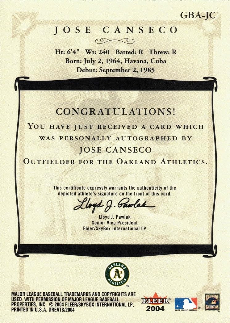 2004 Fleer Greats of the Game GBA-JC Jose Canseco Certified Autograph Baseball Card