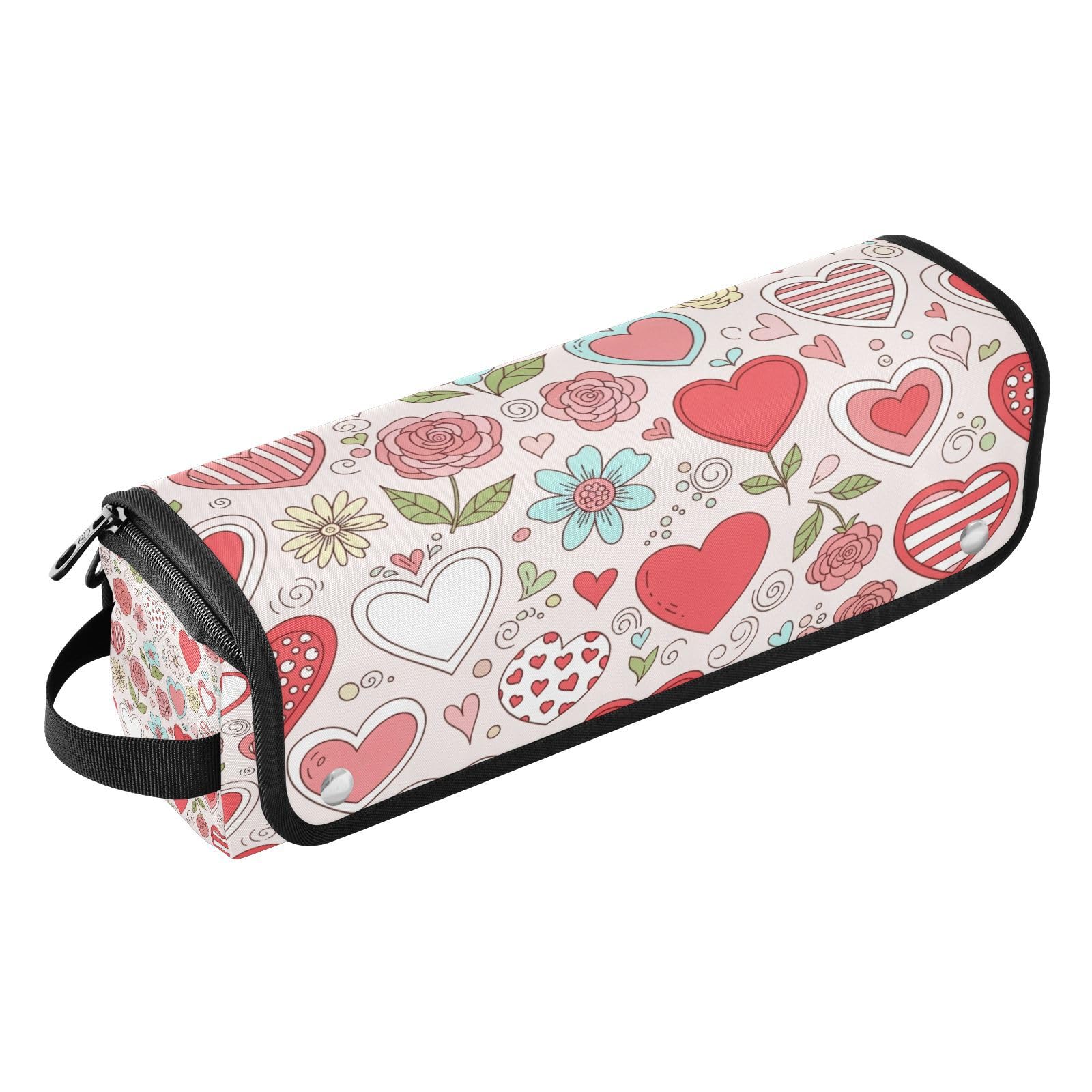 Hearts and Flowers Valentines Hair Tools Travel Bag Portable Hair Accessory Organizer with Heat Resistant Mat 2 in
