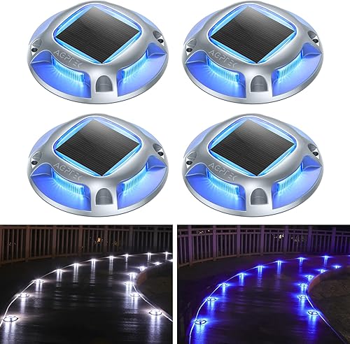 AGPTEK Luces solares para entrada de vehículos, paquete de 4 unidades, 2 modos de color, luces de muelle marítimas para exteriores, impermeables,