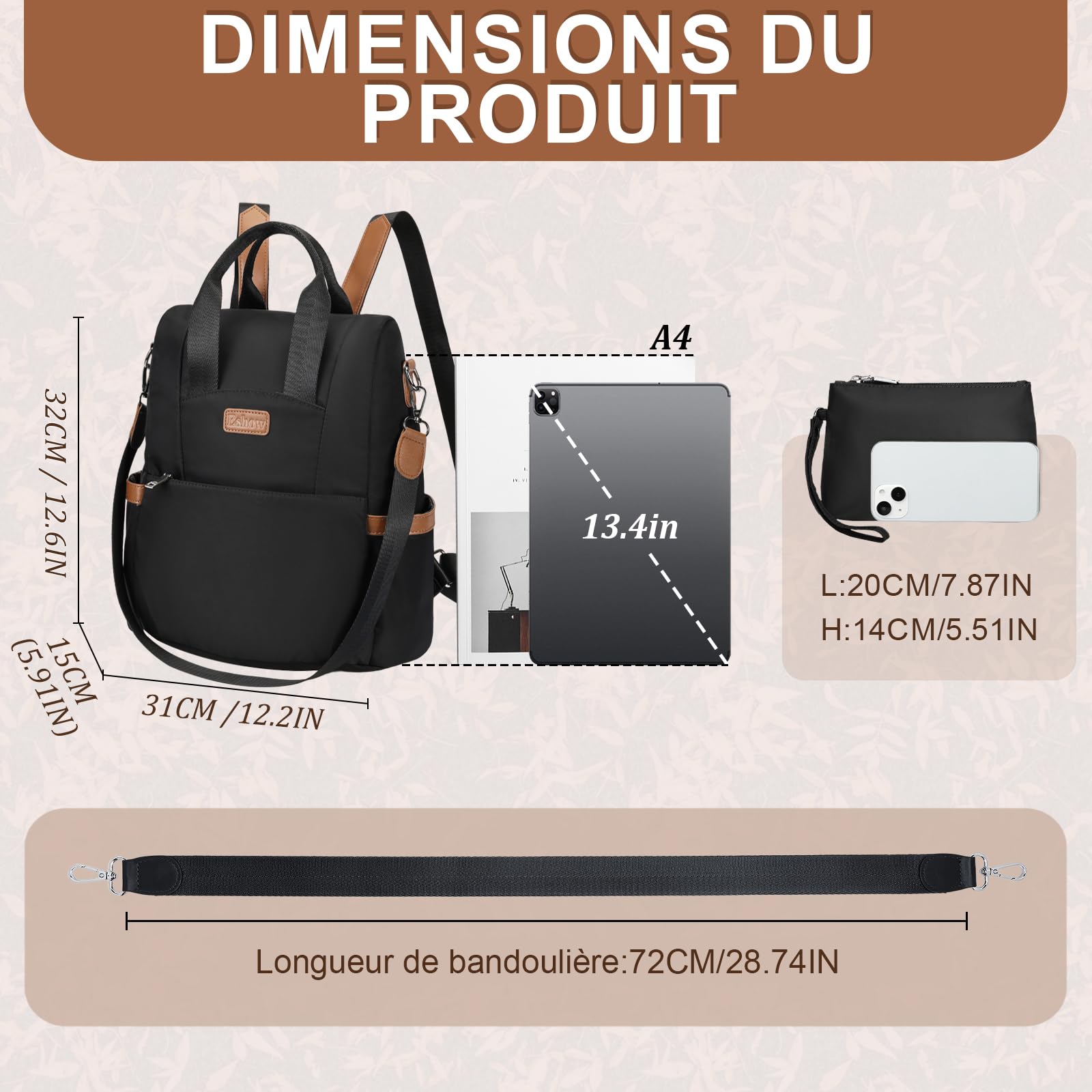 Eshow Sac a Dos Femme Antivol, Sacs à Main Portés Dos Elégant Léger 3 en 1, Petit Sac Bandoulière Fort Backpack Casual pour Voyage Travail Université Loisirs Shopping Noir