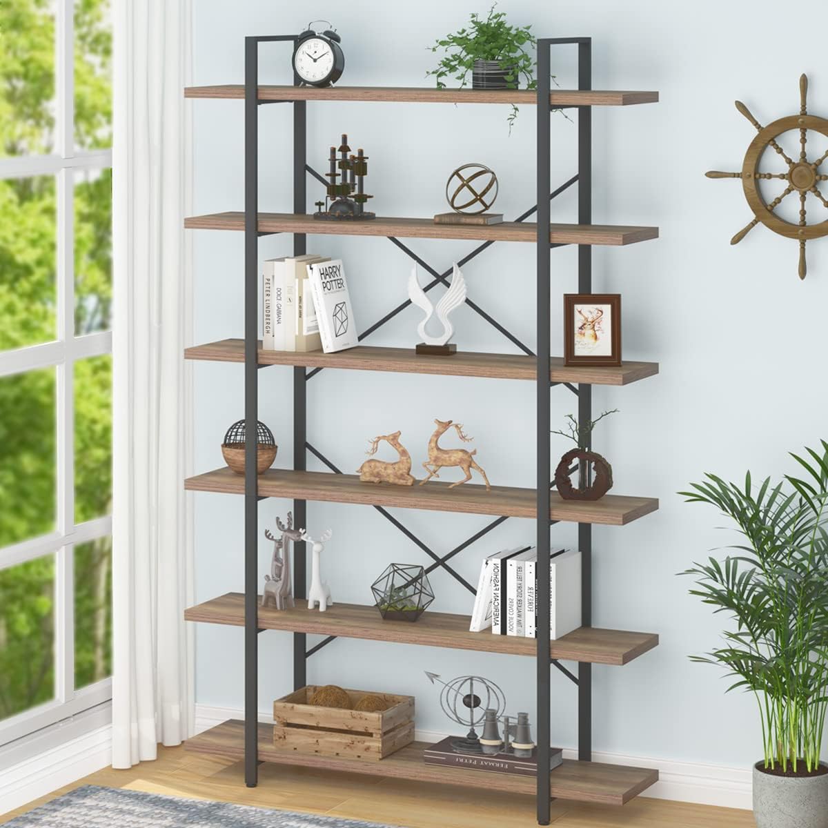HSH Tall Bookcases and Book Shelves 6 Shelf, Metal Wooden