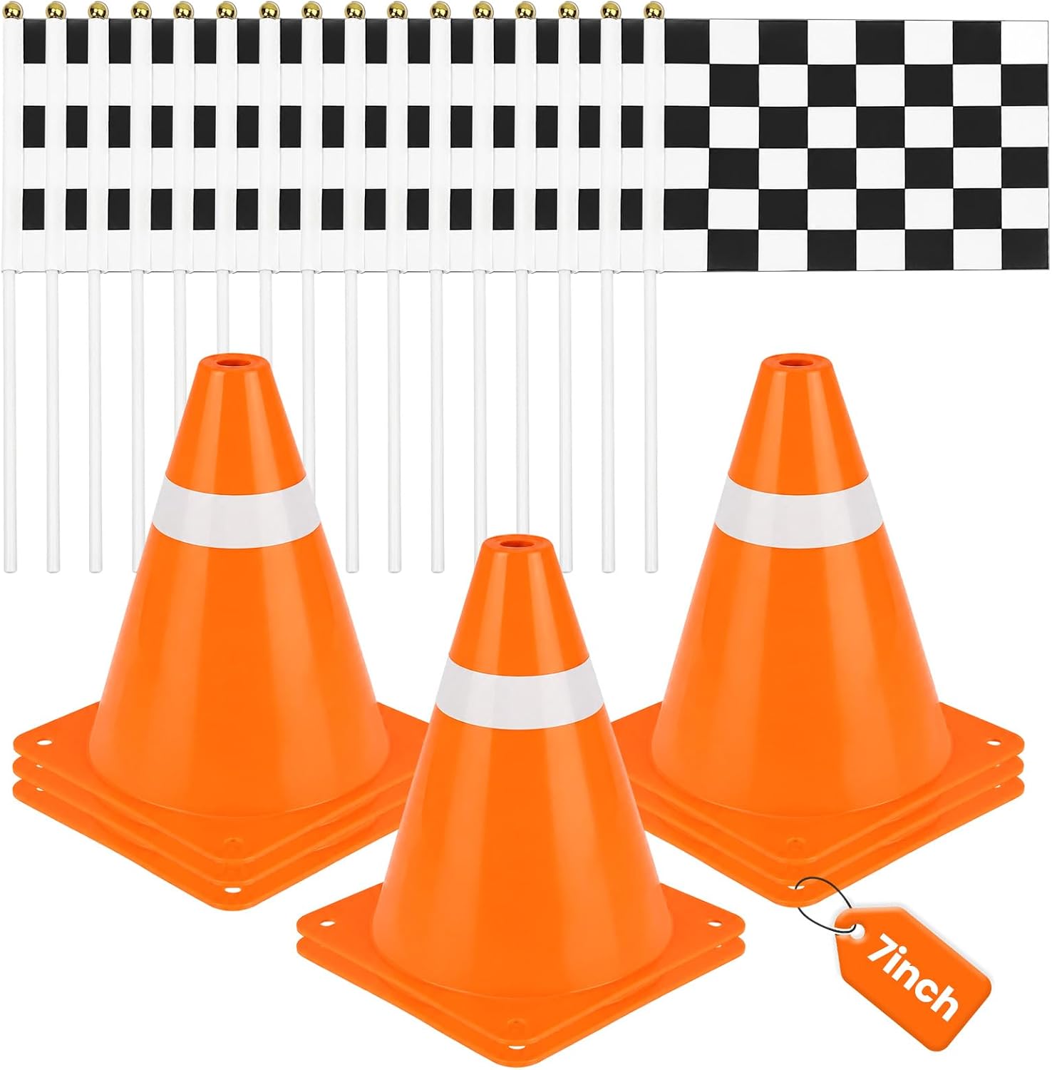 6/8/12Pcs 7inch Cones with Hole on Top and 12/16/24pcs Racing Checkered Flag,Race Flags for Cars Themed Birthday Party Decorations