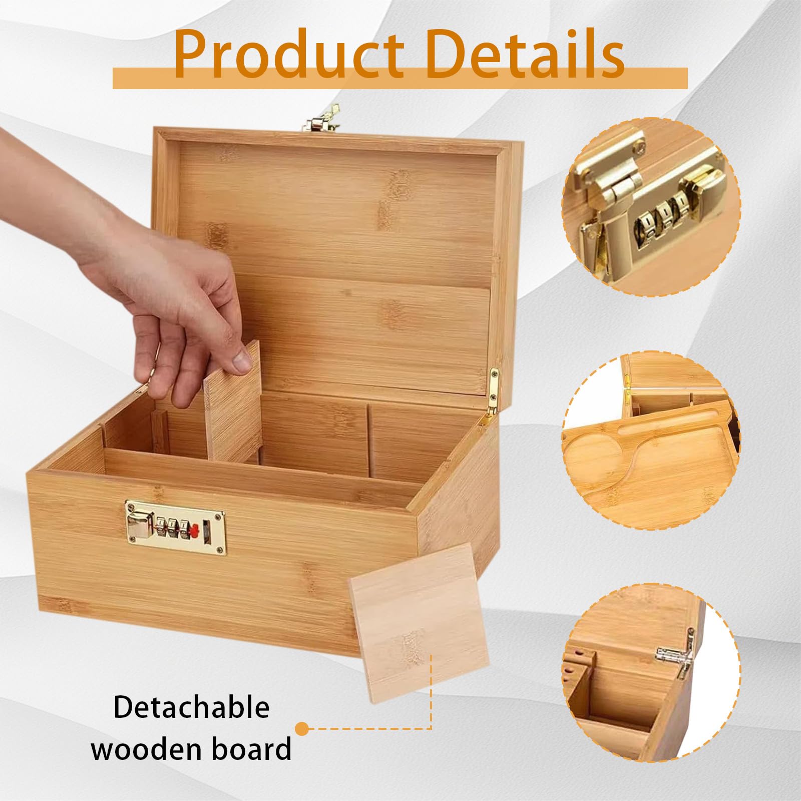 Boîte en Bambou avec Serrure à Combinaison, Coffre Rangement 18L Avec Serrure à Combinaison Rangement En Bois Avec Plateau Amovible Et Coupe En Verre Pour Chambre Bureau Salon 25x17x11cm