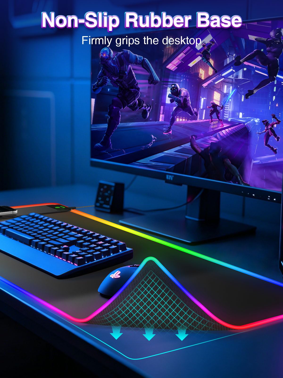 Tappetino per mouse RGB con ricarica wireless magnetica, 80 x 40 cm, grande tappetino da scrivania a LED, 24 effetti di luce, base in gomma antiscivolo, superficie ultra liscia impermeabile