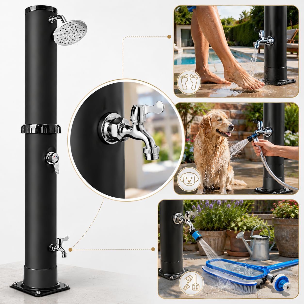 Ducha Solar Jardín con Funda Protectora – 35 litros Ducha de Piscina con Cabezal de Ducha de Lluvia Ajustable, Grifo de Control de Temperatura y Presión, Ducha Exterior Jardin