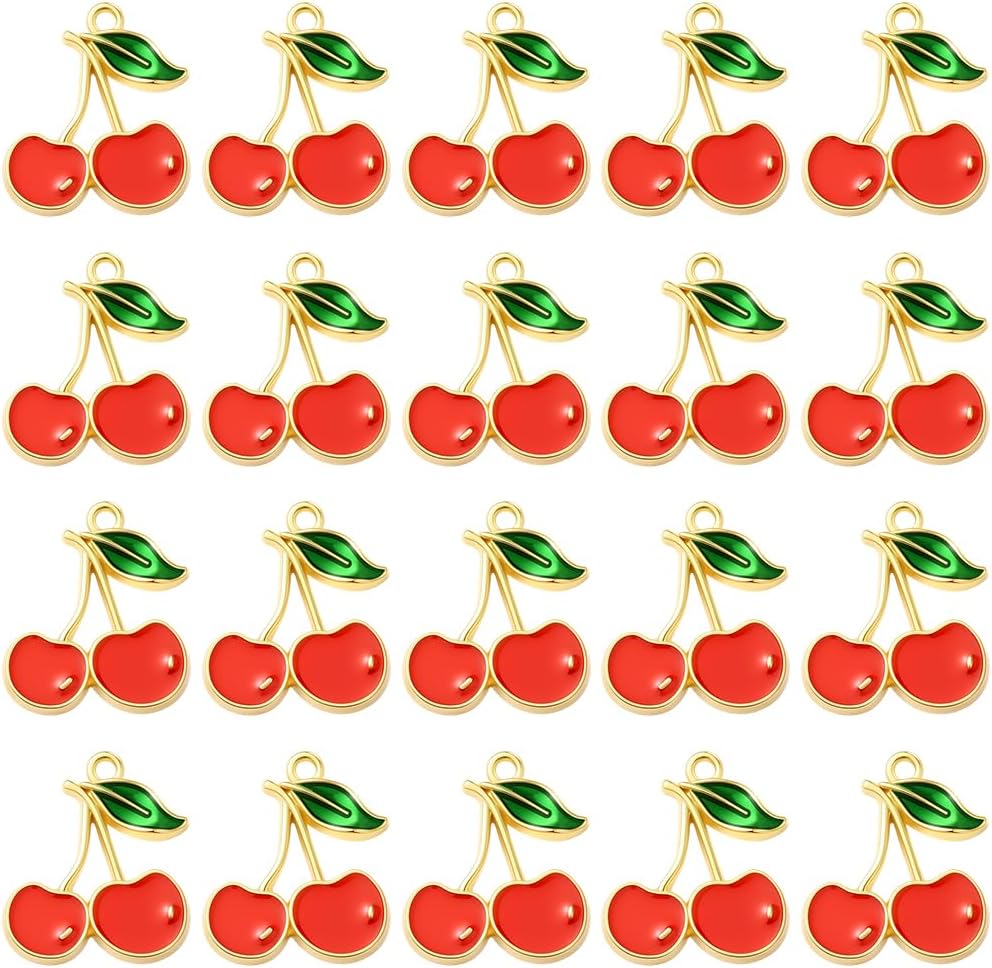 SUNNYCLUE 1 Box 60Pcs Cute Cherry Charms Red Cherries Charms Bulk Alloy Enamel Silver Metal Flat Small Dangle Food Fruit Pendants for Jewelry Making Supplies DIY Craft Necklace Bracelet Earring Women
