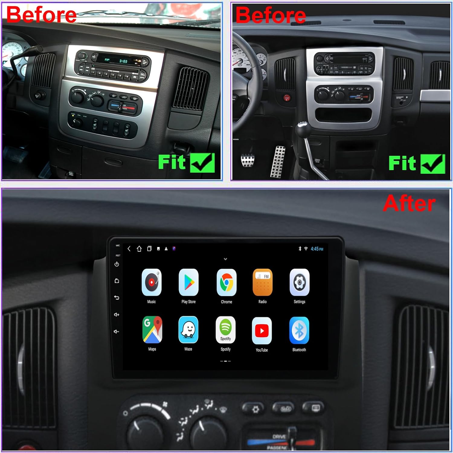 Before and after comparison of a Dodge RAM dashboard, showing the factory radio replaced by the new QLED touch screen stereo, indicating a perfect fit.
