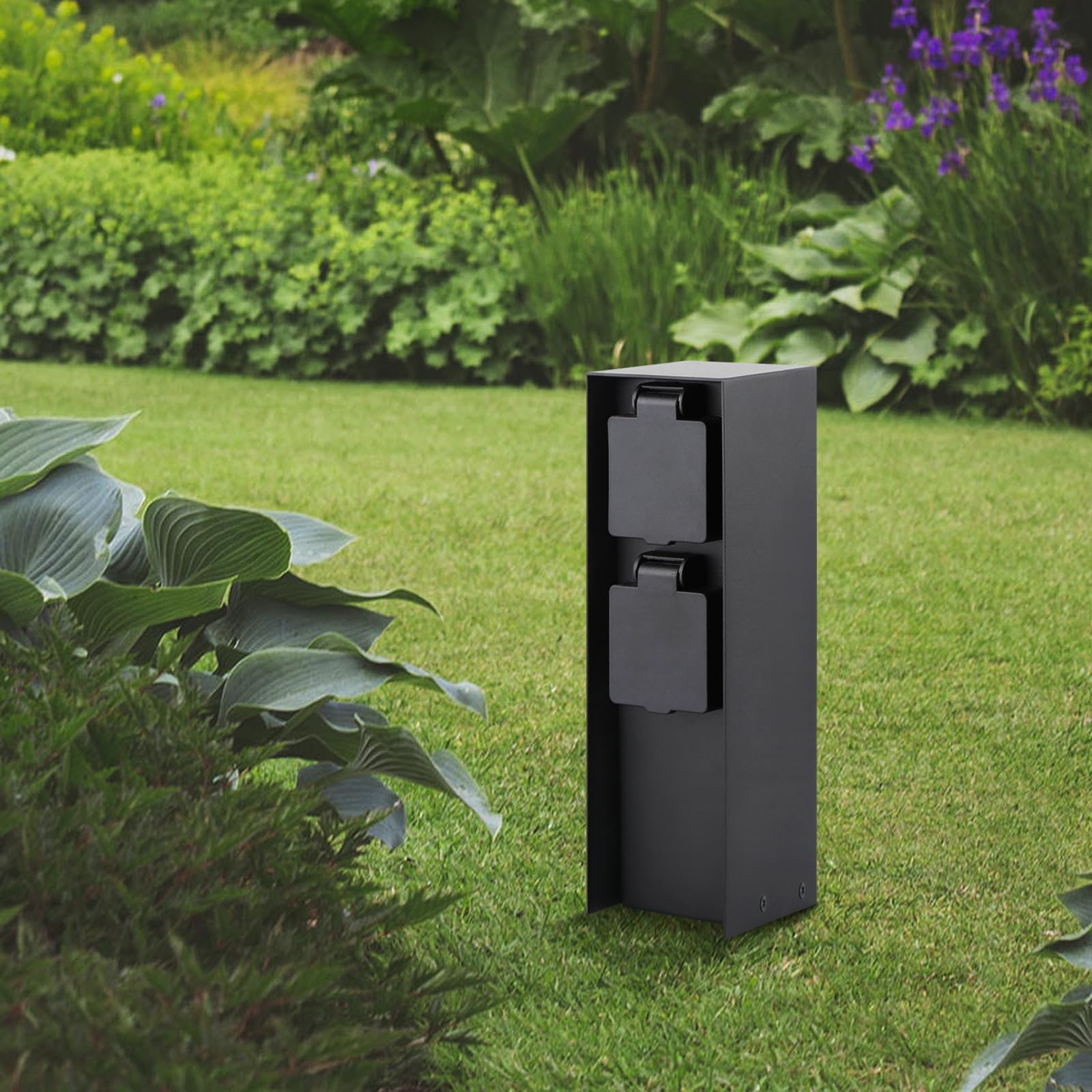 Colonna da giardino con 2 prese, max. 3680 W, IP44, presa esterna in alluminio, per esterni – rettangolare nero – 2 pezzi