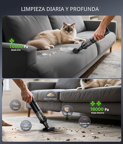 Miniatura 5 de Aspiradora de Coche Portátil Inalámbrica de Mano 4-en-1 Mini Aspiradora Inalámbrica con 2 Modos de Succión y 16800pa de Potencia de Succión Modos