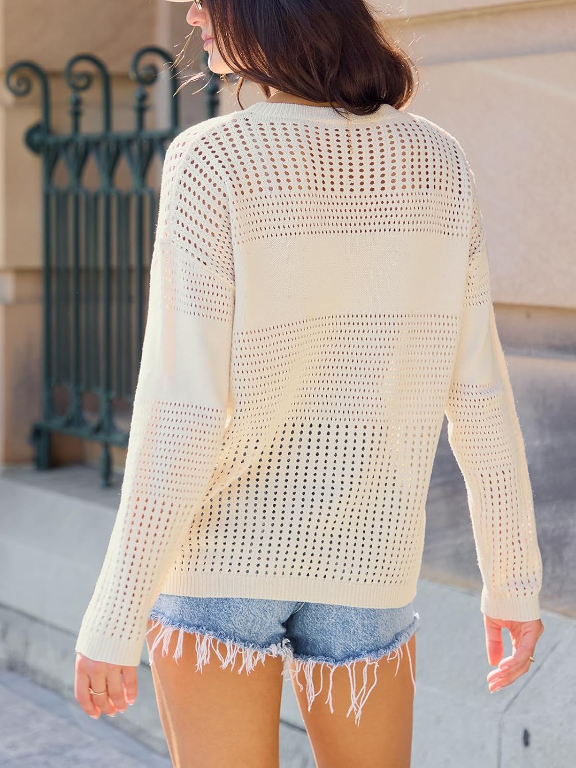 CUPSHE Women's Fall Lightweight Oversized Crew Neck Pullover Crochet Hollow Out Long Sleeve Sweater Top - Image 2