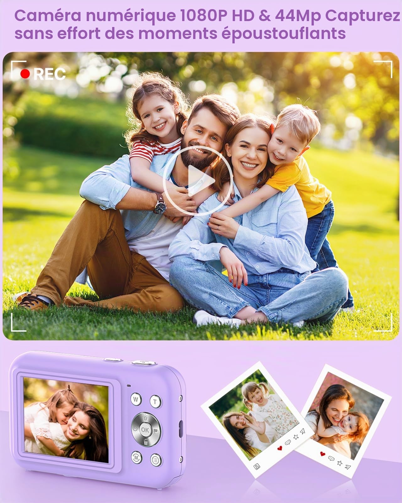Appareil Photo Numérique avec Carte 32Go, 1080P 44MP Appareils Photo Compact avec 16X Digital Zoom et Batterie, Rechargeables Caméra pour Enfant,Adolescent, Adulte, Débutant (Violet)