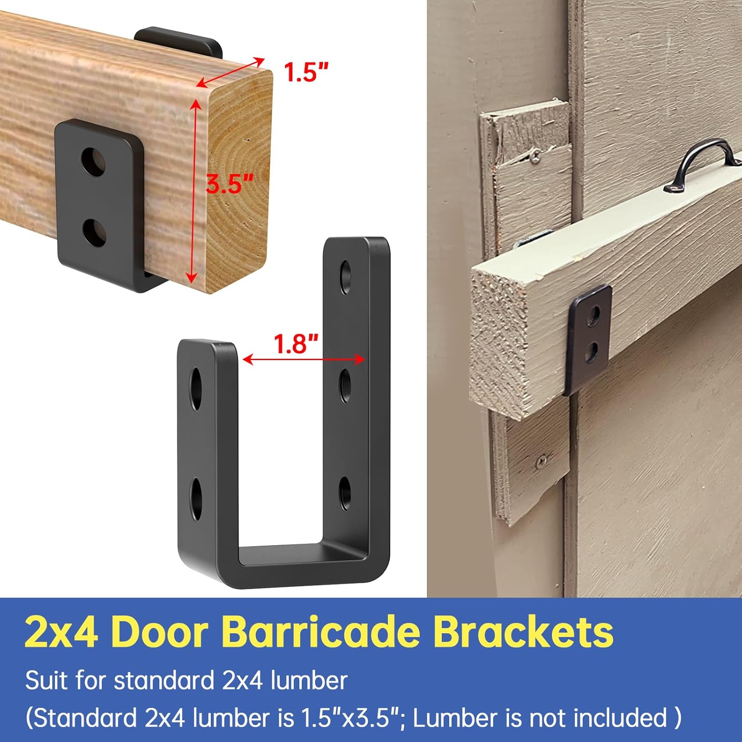 2x4 Door Barricade Brackets,(8pcs) Heavy-Duty Metal U Bracket for Home, Garage, Gate, Barn, Shed，Black