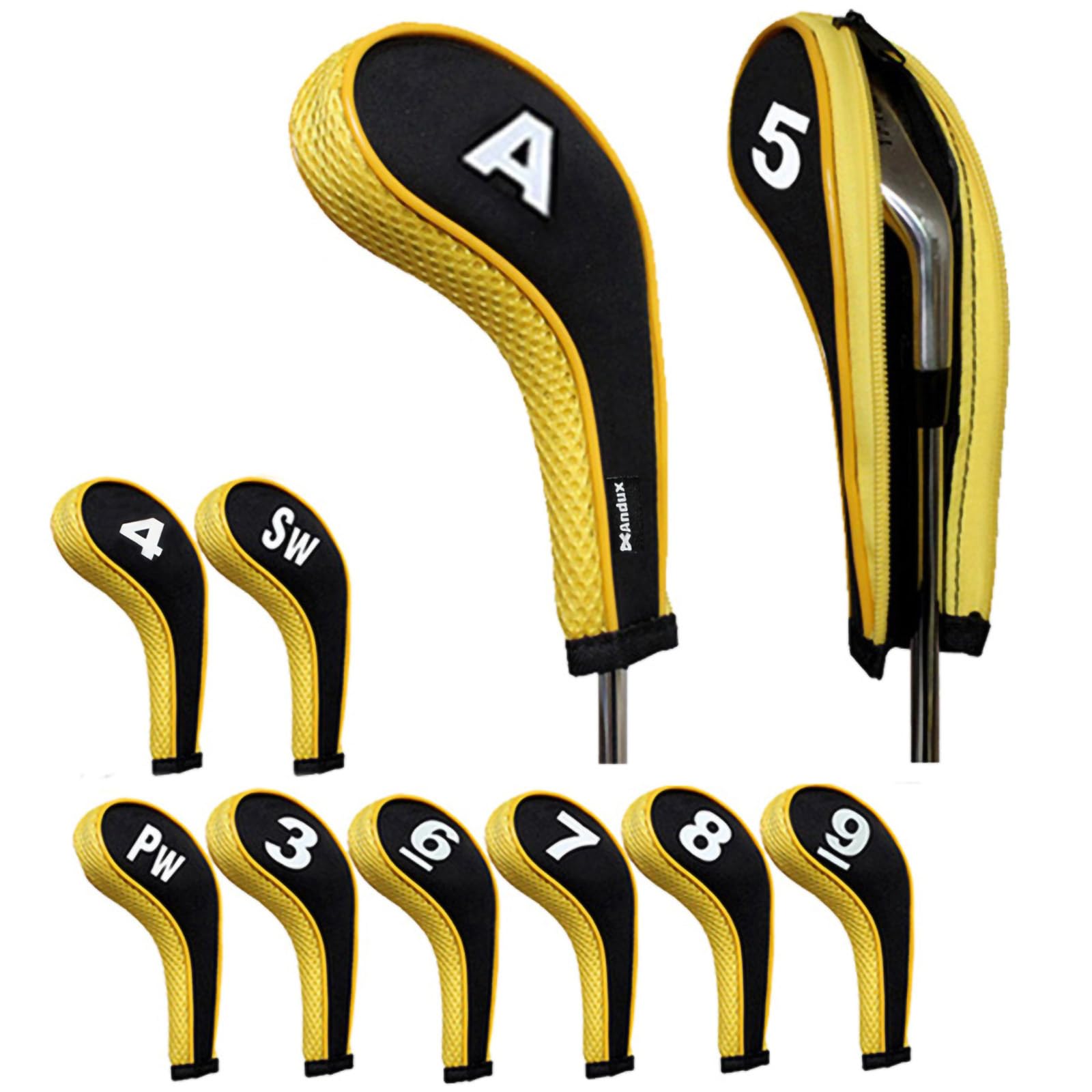 Andux 10pcs/set Number Print Golf Iron Club Head Covers with Zipper Long Neck Black/yellow — image 1