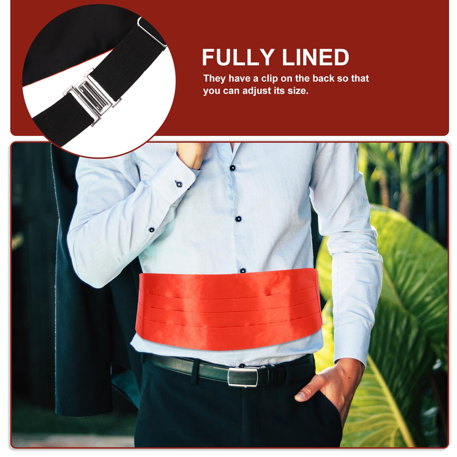 Ensemble 3 Pièces pour Homme Nœud en Satin Rouge Brillant, Ceinture de Smoking Ajustable 4 Plis, Mouchoir de Poche Polyester Entièrement Doublé pour Fête
