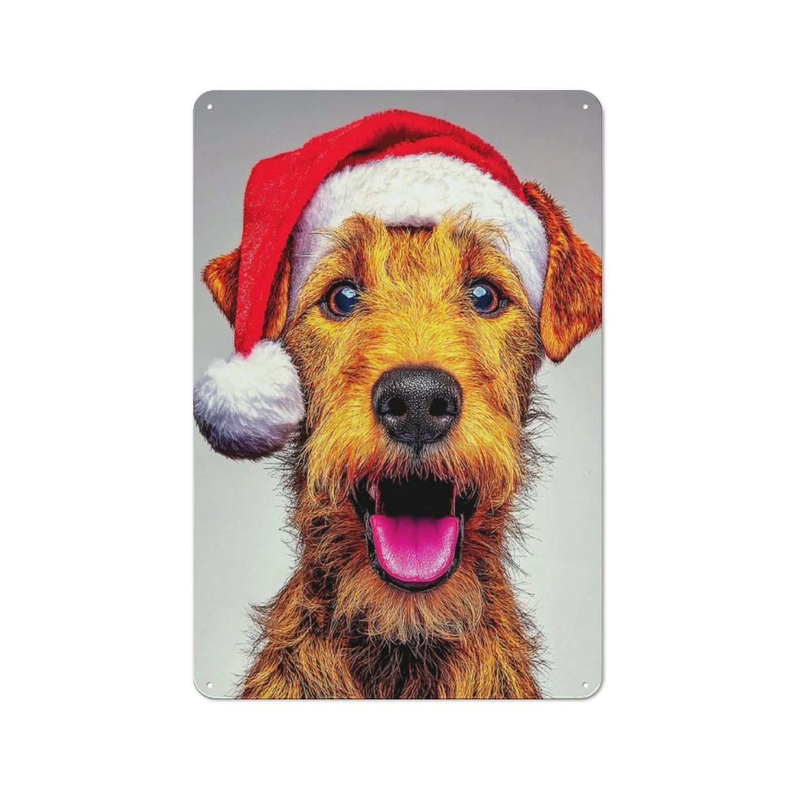 Junmoney Happy Dog In Santa Hat Tin Wall Plaque 30X20cm With For Hallway Wall, With Clear Retro Wall Decor Character