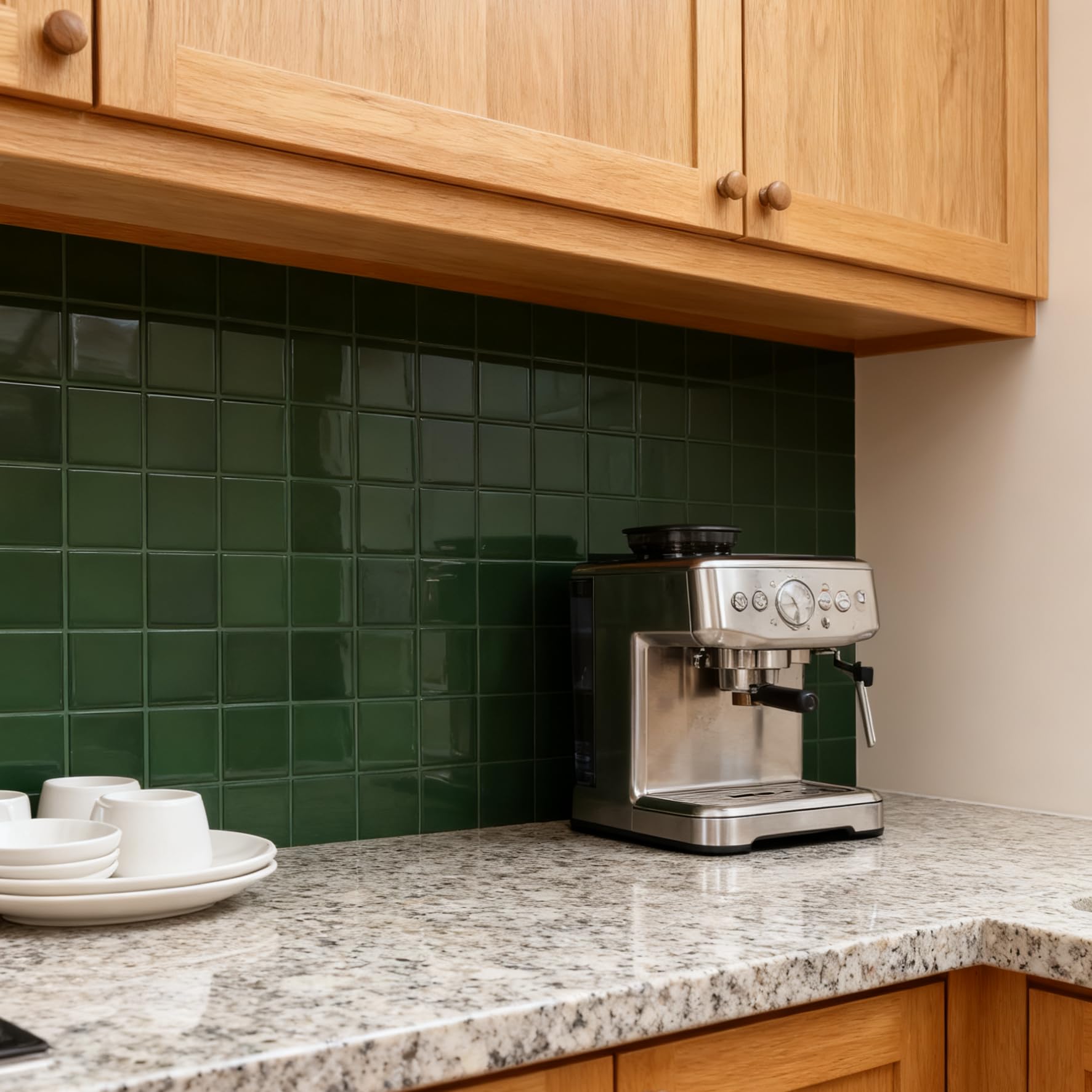 Cuadrado Azulejos Adhesivos Cocina, 3D Azulejo Autoadhesivo Impermeable para Cocina y Baño, Mosaico Vinilo Adhesivo Pared, 10 Unidades Verde Decorativos para Pared Adhesivo (22,9x22,9 cm)