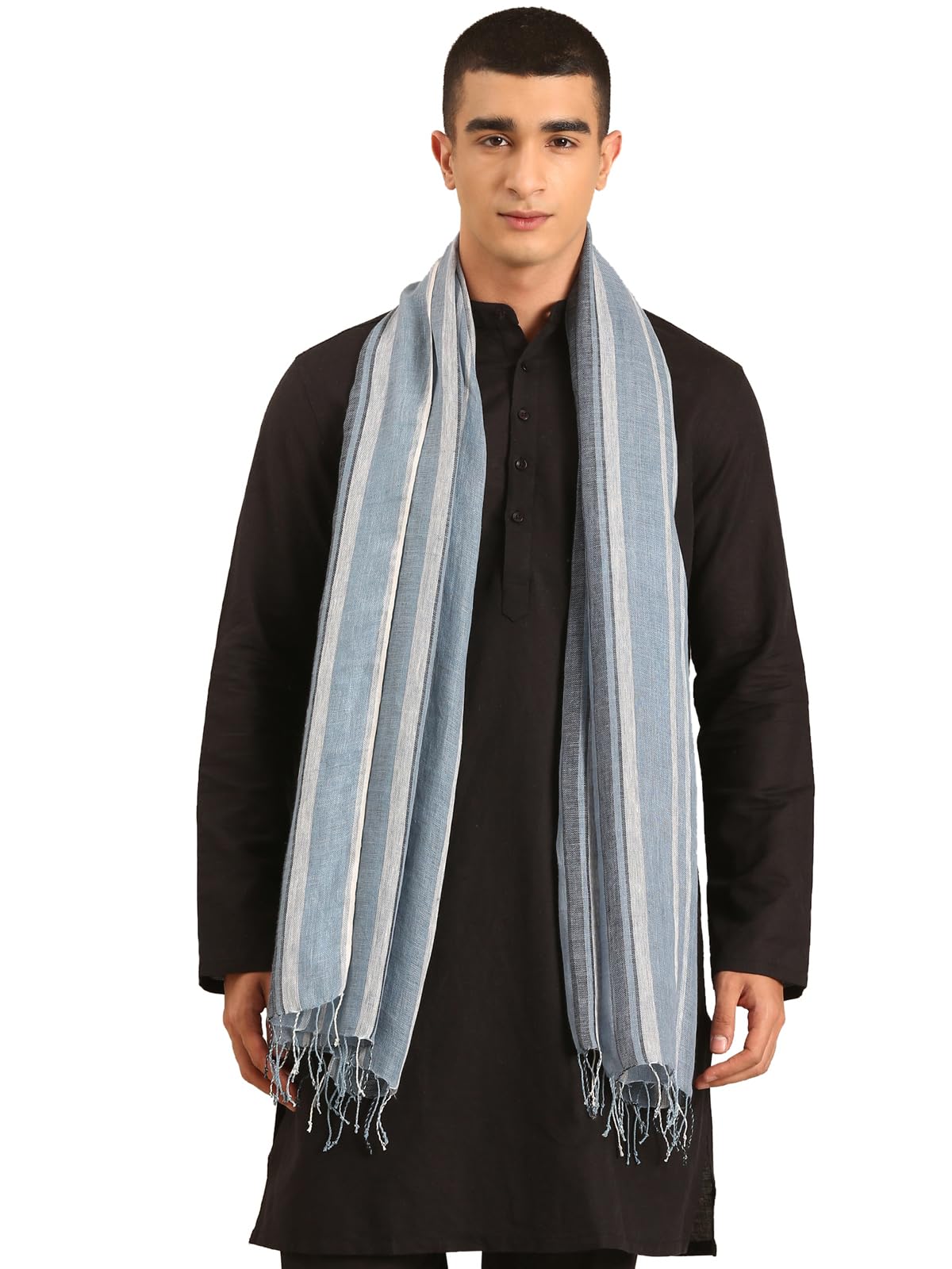 Linen Club Unisex Linen Stole Striped Light Blue (Size:Free Size)-picture-39