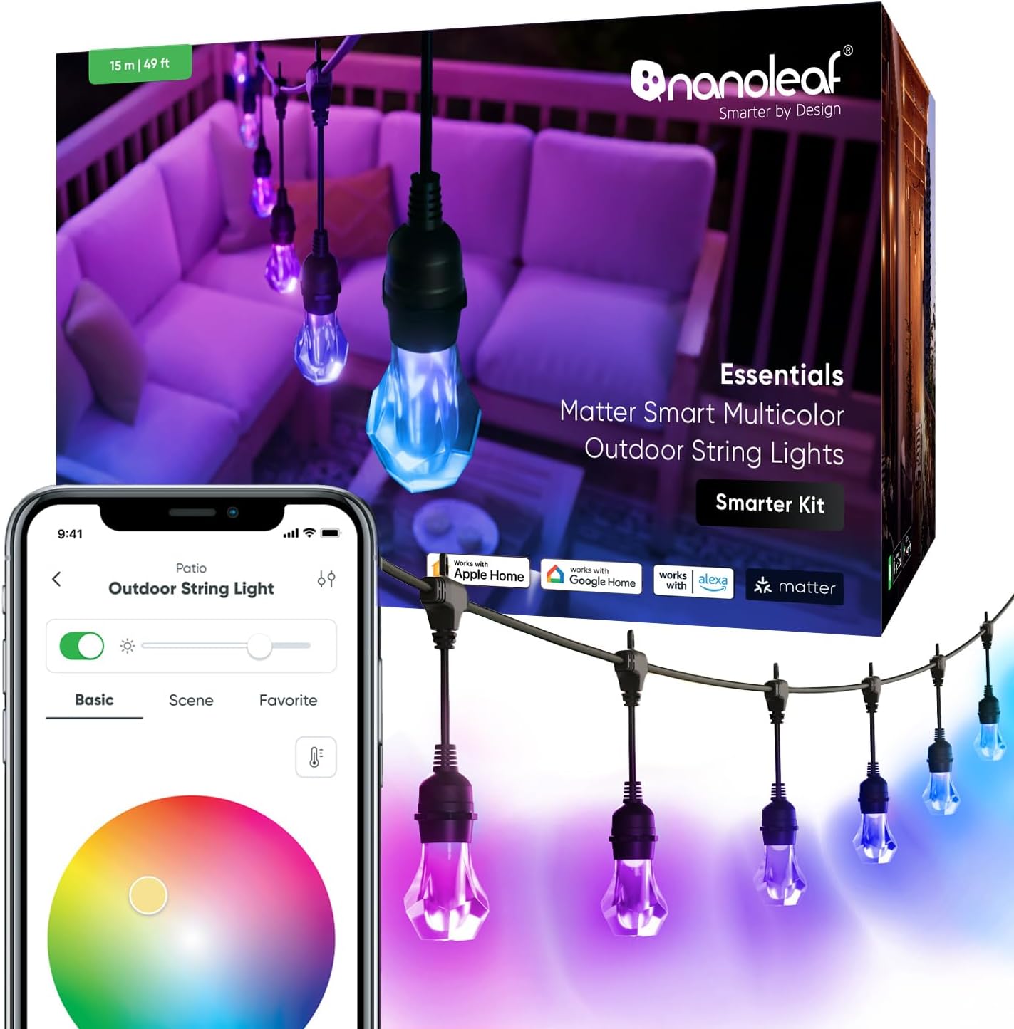 Essentials Matter Smart Multicolor Outdoor String Lights Smarter Kit with Addressable RGBICW LED Bulbs, White and Color-Changing, Wi-Fi + Bluetooth, IP 65 Water Resistant (49ft, 20 Bulbs)