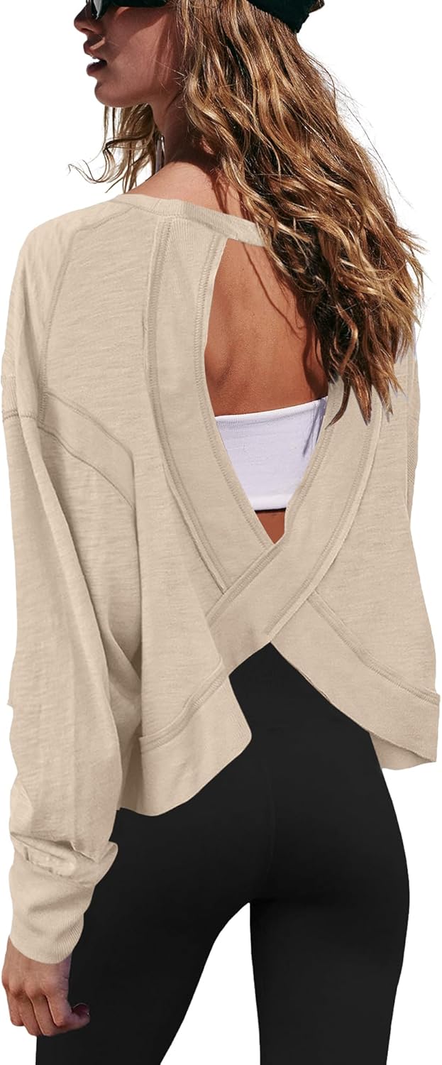 Gacaky Womens Open Back Loose Workout Tops Backless Long Sleeve Athletic Shirt Running Crop Top Gym Dance Tee