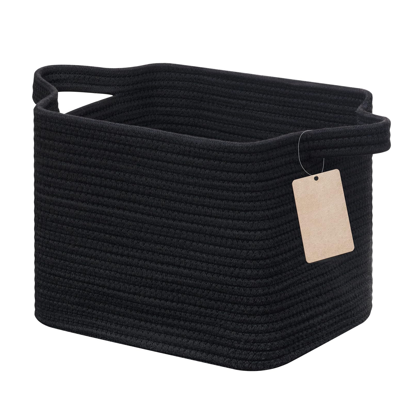 JOJOSEE Small Woven Storage Basket, Cotton Rope Basket for Shelves, Square Shelf Baskets for Home Bathroom Closet Organizer 33x25x22.5cm (Black)