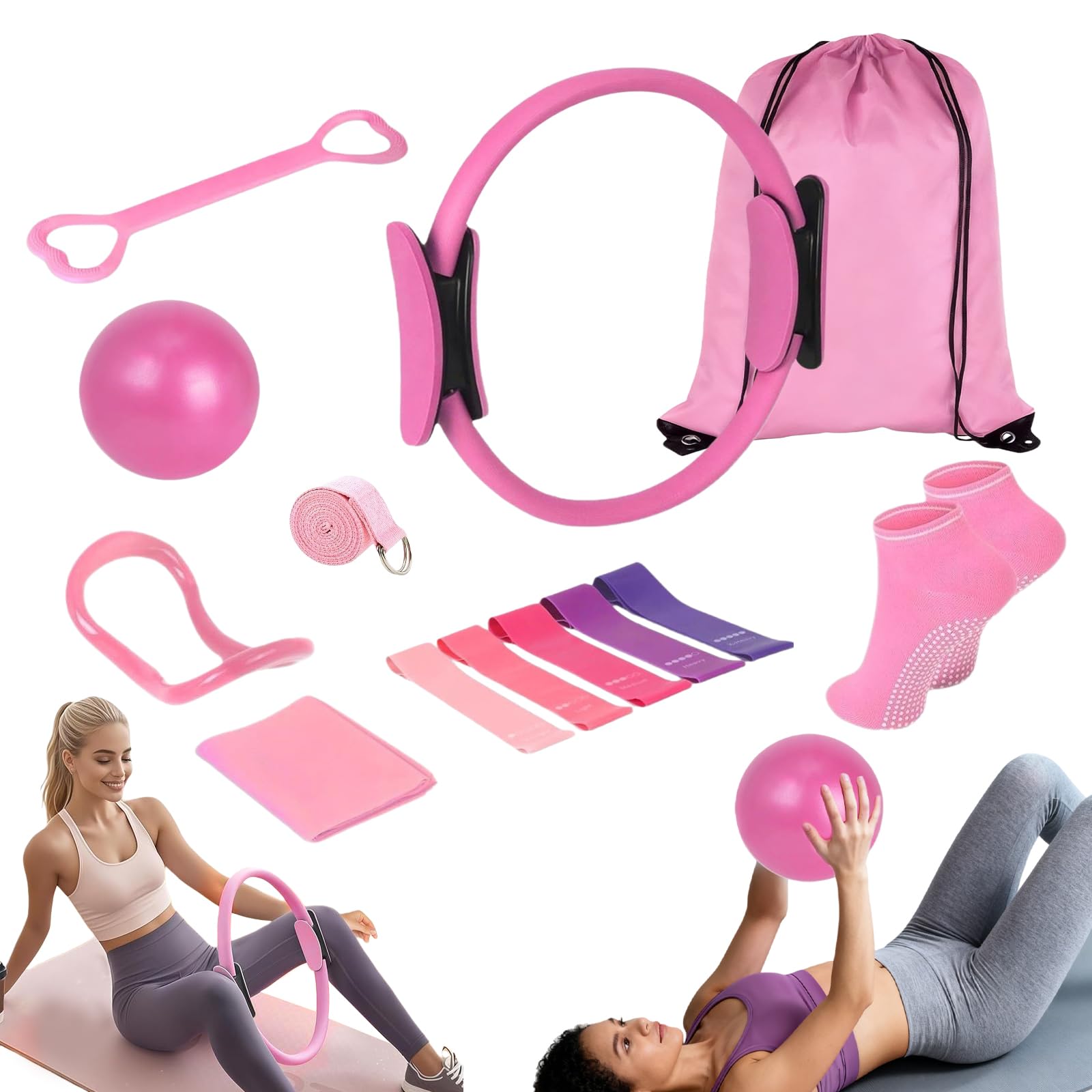 Kit de Pilates 13 Pièces, Ensemble d'Anneau de Pilates avec Ballon de Yoga, Bande de Résistance, Ceinture de Yoga, Chaussettes de Poignée