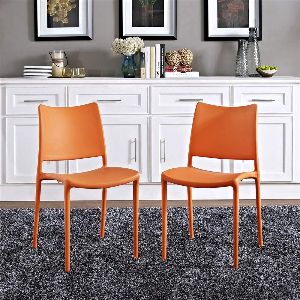 Hipster contemporáneo moderno moldeado plástico apilamiento dos sillas de comedor en naranja 5