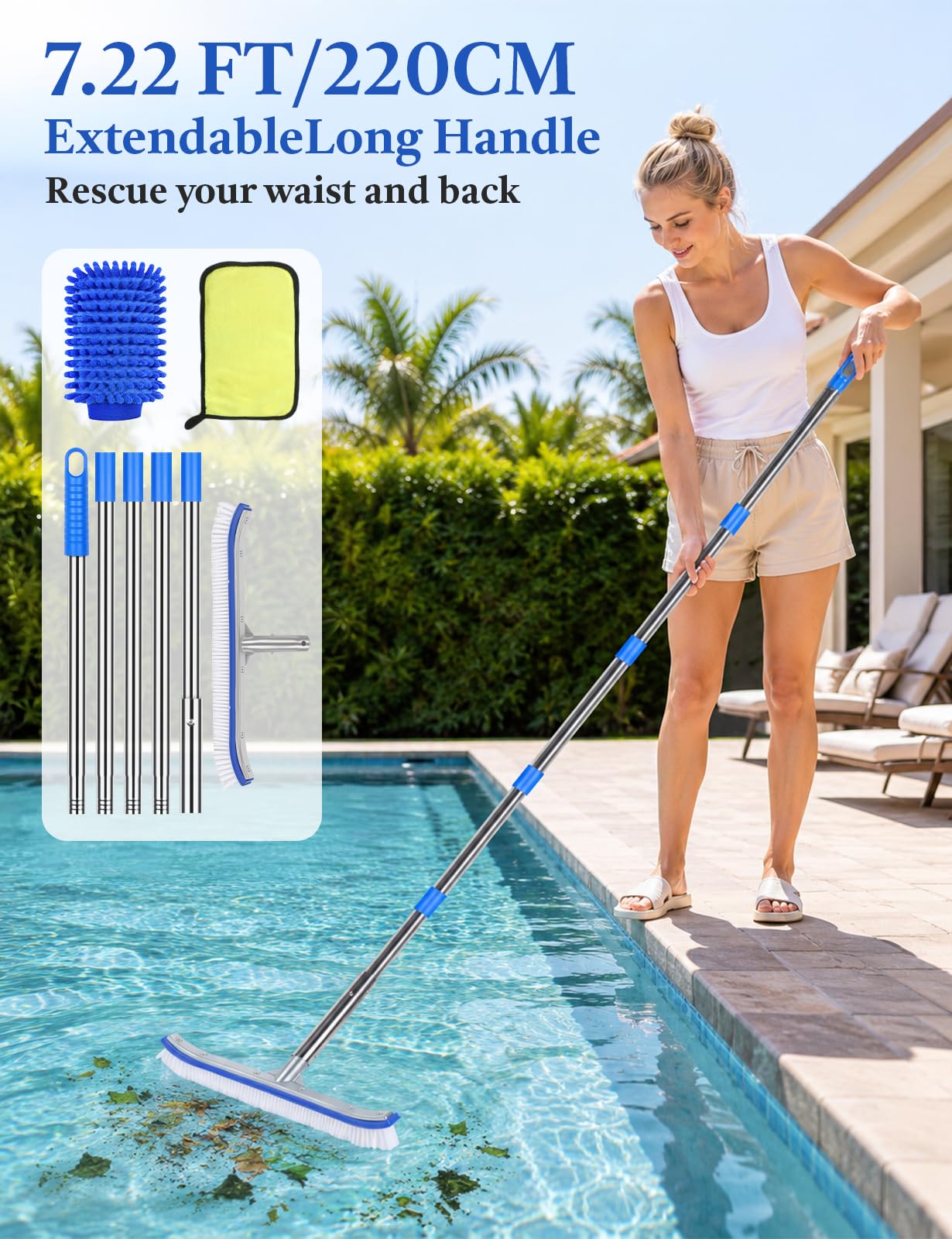 Brosse de piscine avec manche de 218,4 cm de long, brosse de nettoyage incurvée de 43,2 cm de large avec manche en acier inoxydable à 5 sections, gant de nettoyage et chiffon, accessoires de nettoyage