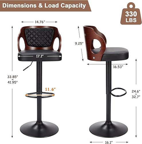 Miniatura 2 de VECELO Juego de 2 taburetes de bar, taburetes de altura de mostrador con respaldo de madera curvada, reposabrazos y reposapiés, asiento acolchado de