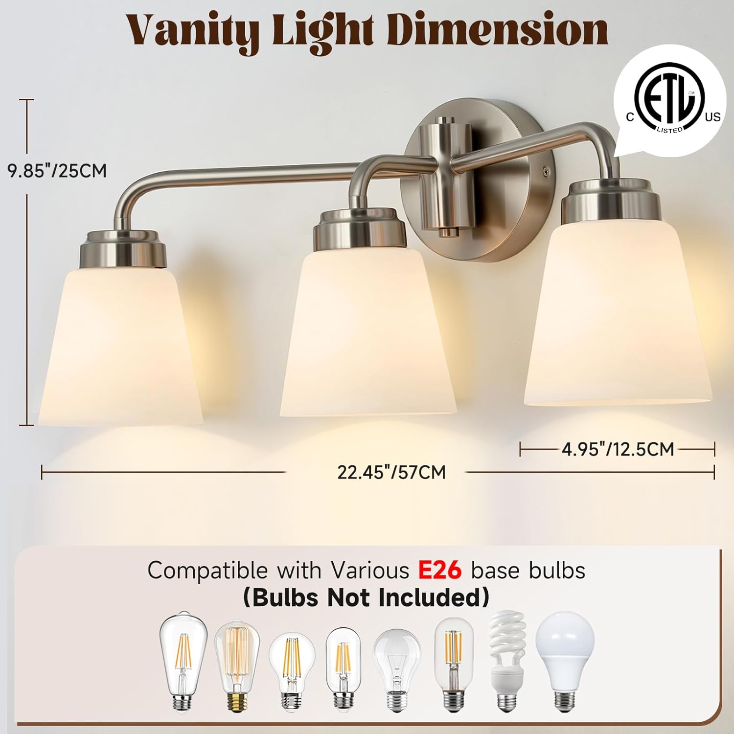Bathroom Vanity Light, 3-Light Bathroom Light Fixture Over Mirror, Vanity Light Fixtures with Milky White Glass, Modern Wall Sconce for Bathroom Bedroom Hallway Kitchen, Brushed Nickel