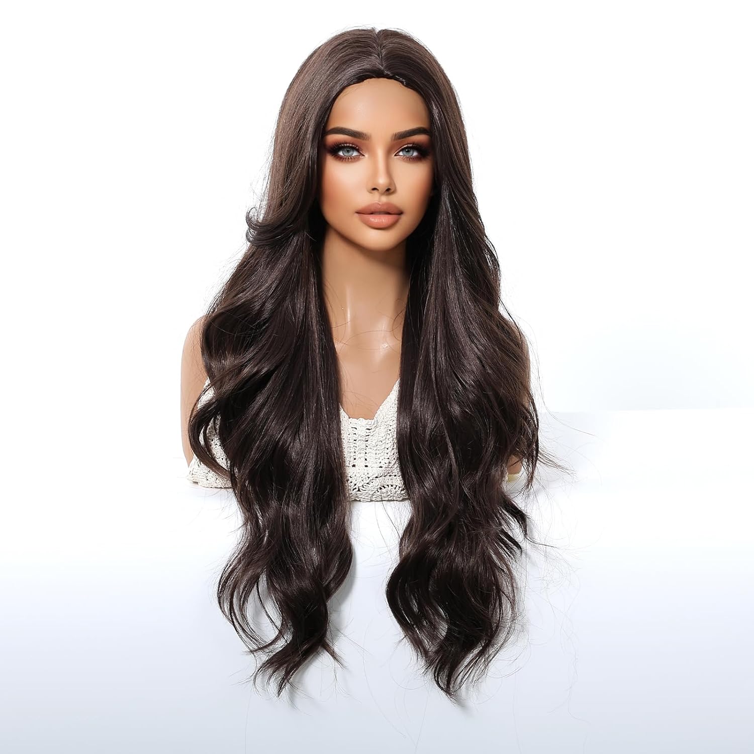 Long Wavy Glueless Wigs for White Women Body Wave Wig Natural Looking Soft Synthetic Hair Replacment Wig for Daily Wear/Party Cosplay Beginner Friendly Wear Go (Dark Brown, 28 Inch)