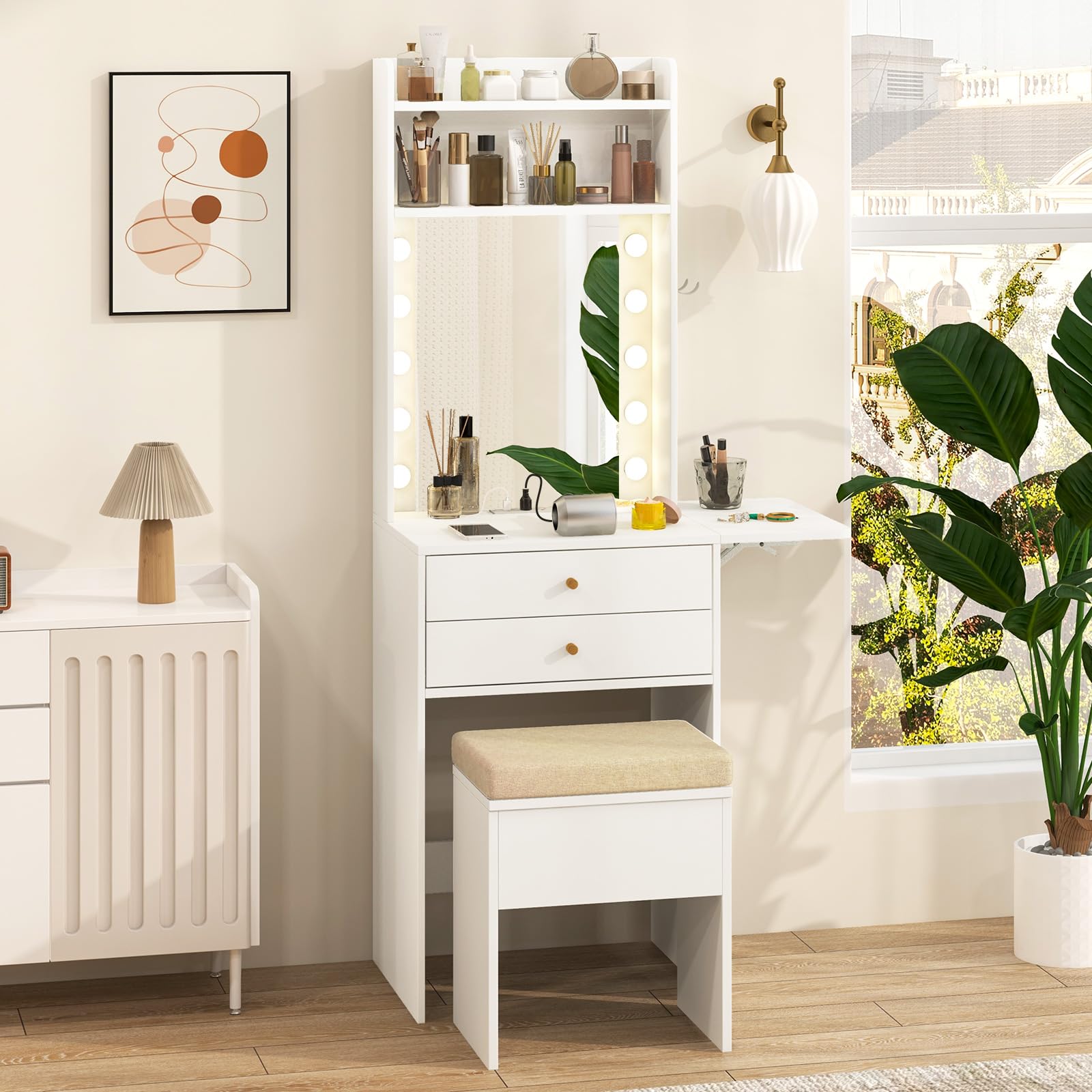 MAT EXPERT Small Vanity Desk, Compact Makeup Vanity with Mirror & 3 Colors Lights, Cushioned Hidden Storage Stool, Side Table, Power Outlets, Narrow Dressing Table for Bedroom, Apartment (White)