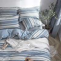 Vista 7 de BISELINA Juego de funda de edredón 100% algodón lavado con textura similar al lino teñido a rayas horizontales reversible, transpirable, suave