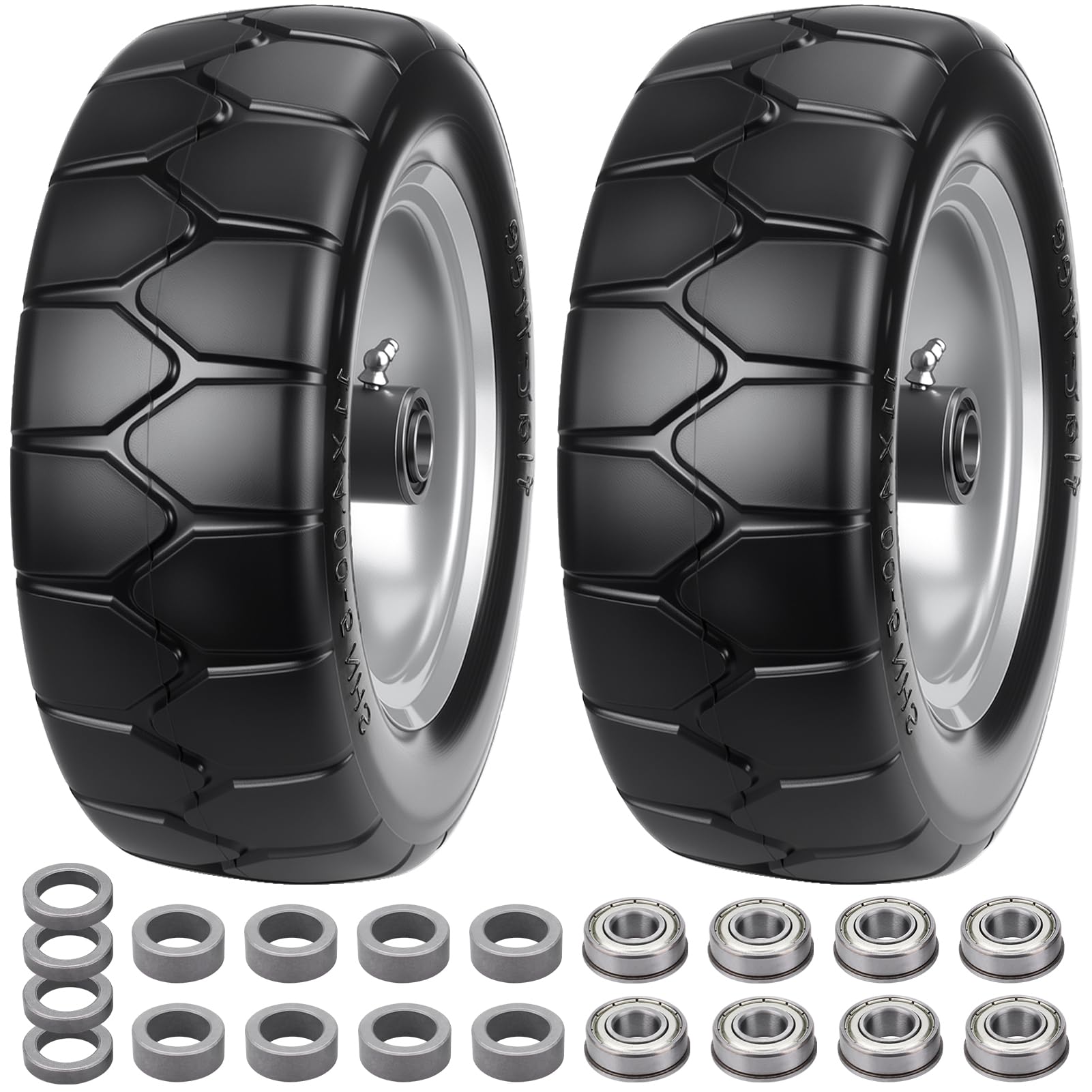 2-Pack 11x4.00-5 Flat-Free Lawn Mower Tires & Wheels - Airless Solid For Zero Turn Front, With Bearings & Hub Kit