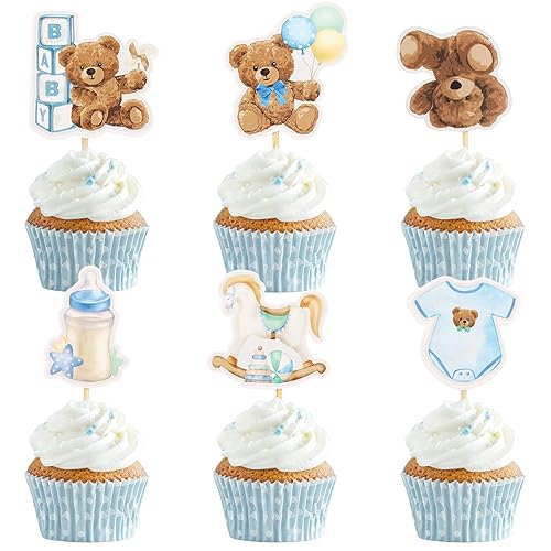 Wolpark 24 PCS Blue Bear Cupcake Toppers We Can Bearly Wait Cupcake Toppers for Teddy Bear Themed Birthday Party Gender Reveal Cake Decorations Party Supplies