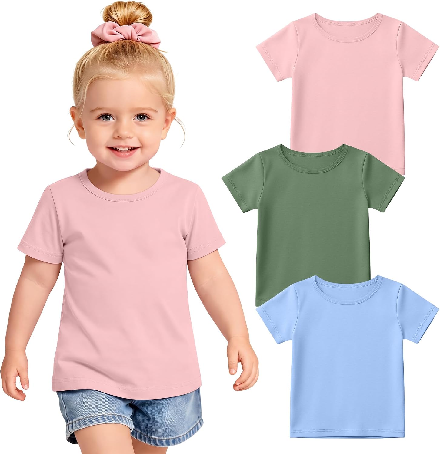 3 Pack Toddler and Baby Girls' Short Sleeve T-Shirts Crew Neck Basic Tops Casual Soild Tees Ages 18m-5t