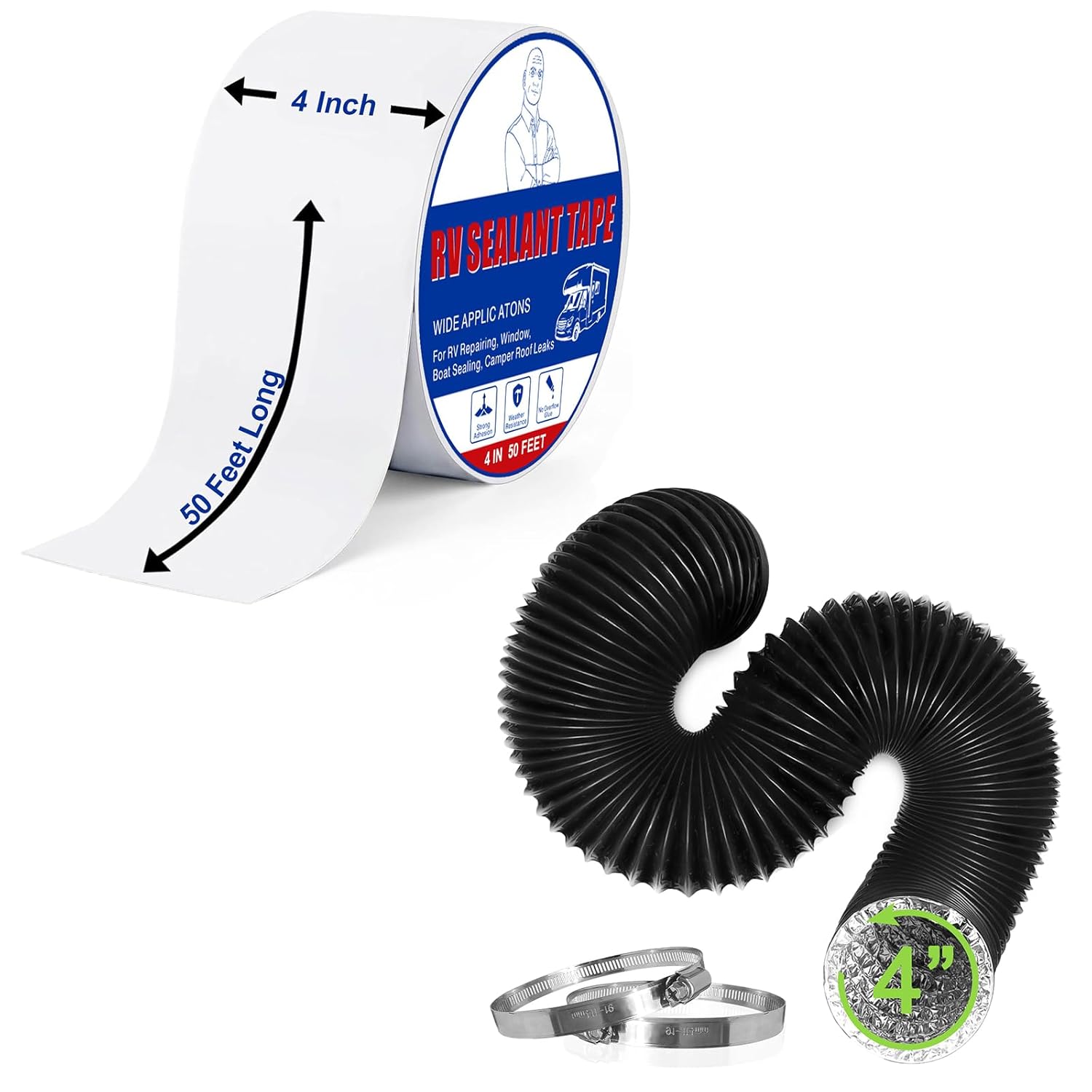 RV Roof Sealant Tape, 4 Inch x 50 Feet RV Repair White Tape+Dryer Vent Connector Kit-Flexible Dryer Vent Hose(4In*8Ft) and 2 Clamps