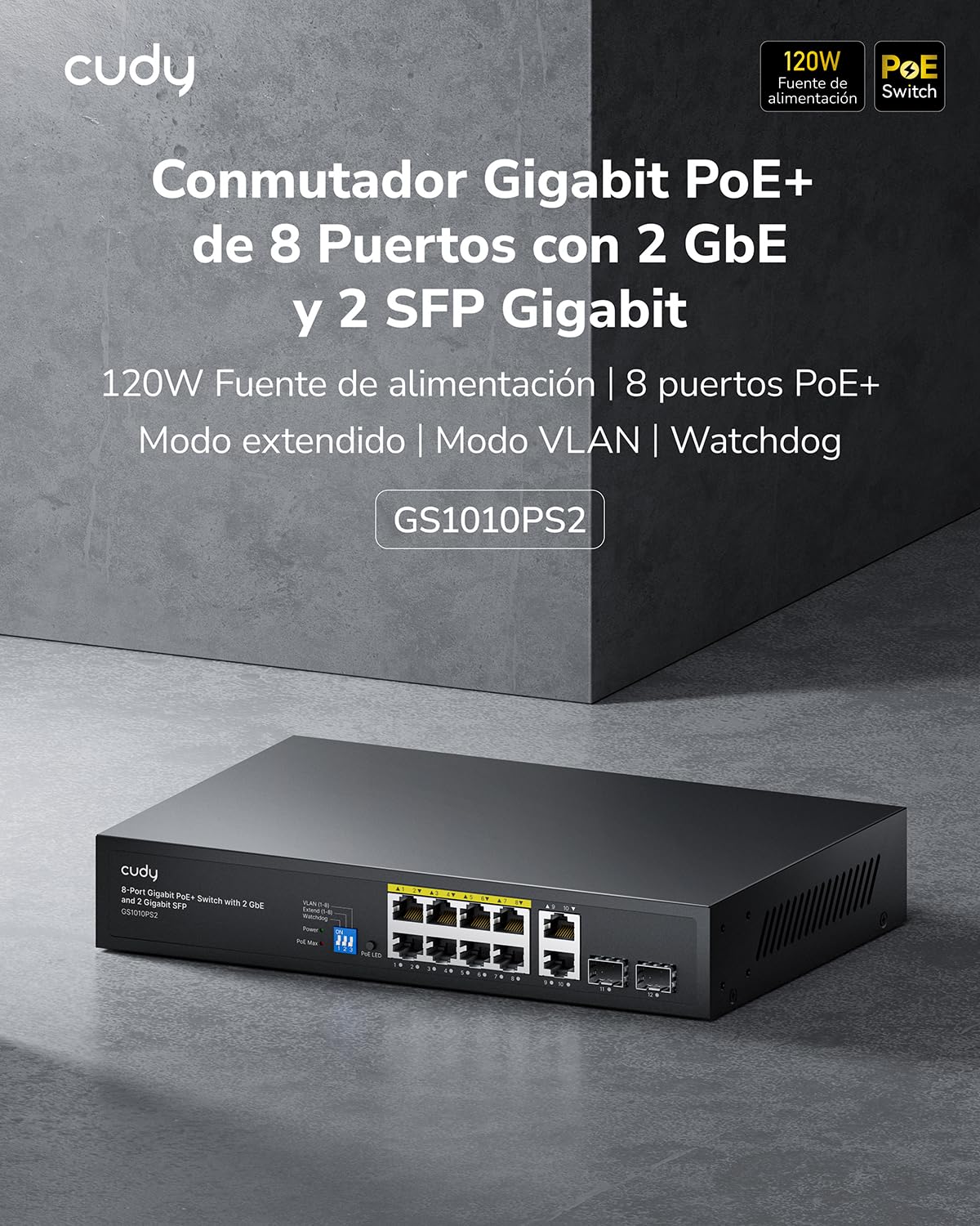 Cudy Switch PoE+ Gigabit Ethernet No Gestionado 8 Puertos, 120W, 8 Puertos Gigabit PoE+, 2 SFP, 2 Puertos Uplink, Modo VLAN/Extend, 802.3af/at, GS1010PS2